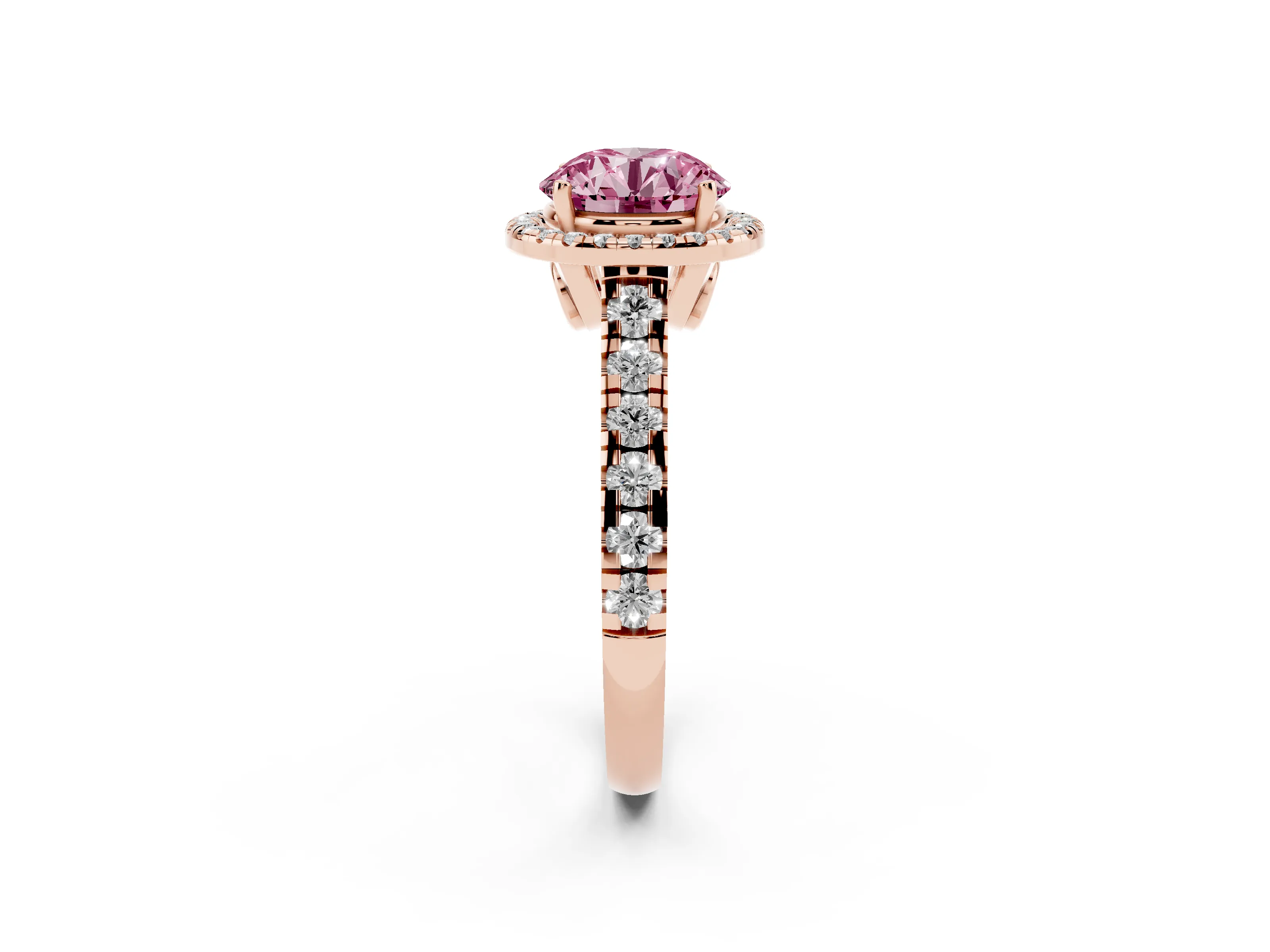 Fancy Pink Round Cut Diamond Halo Engagement Ring Set in Rose gold with Pavé Band and Prong-Set Center