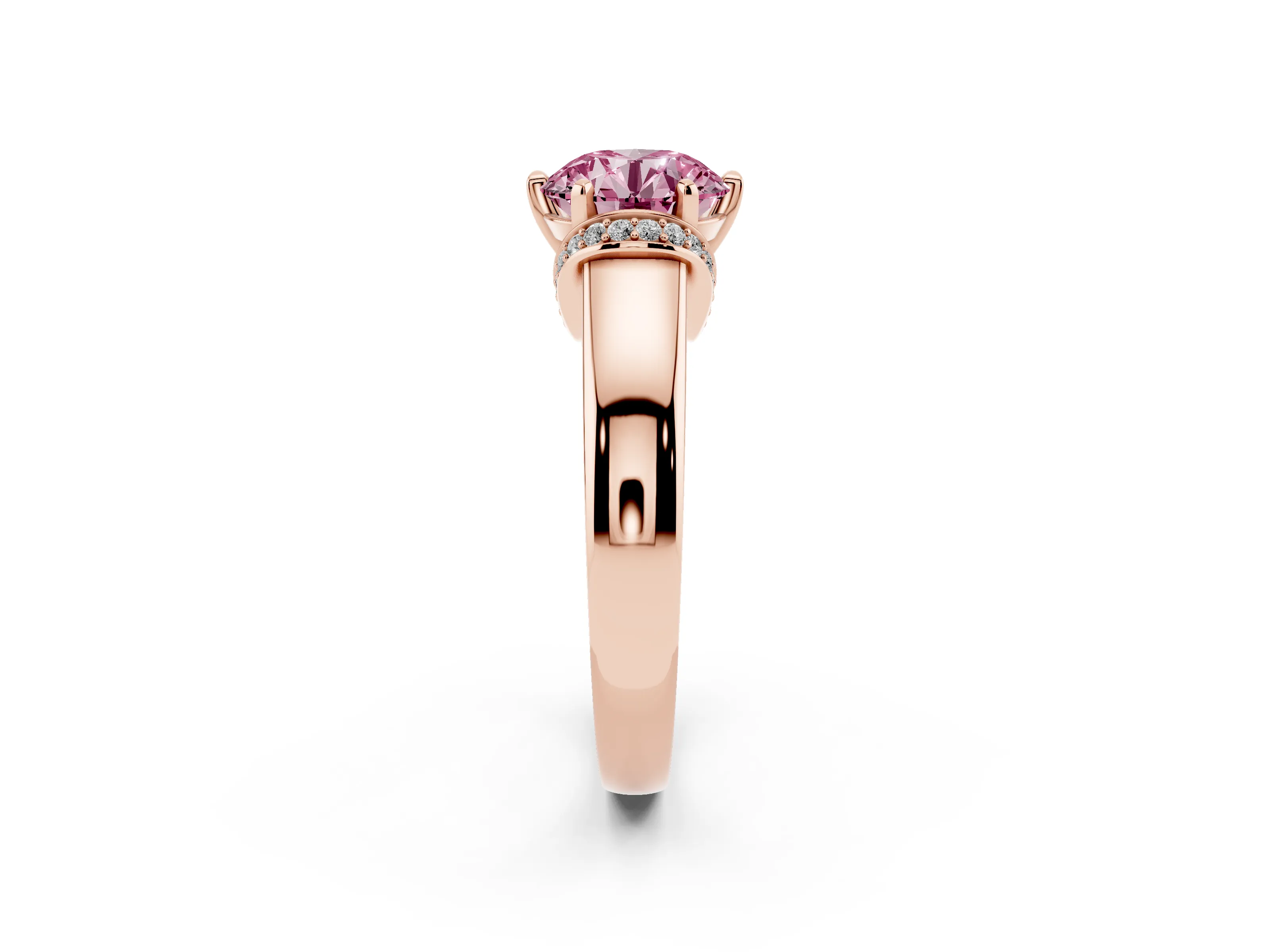 Fancy Pink Round Cut Diamond Pavé Band Solitaire Ring Set in Rose gold with Prong Setting