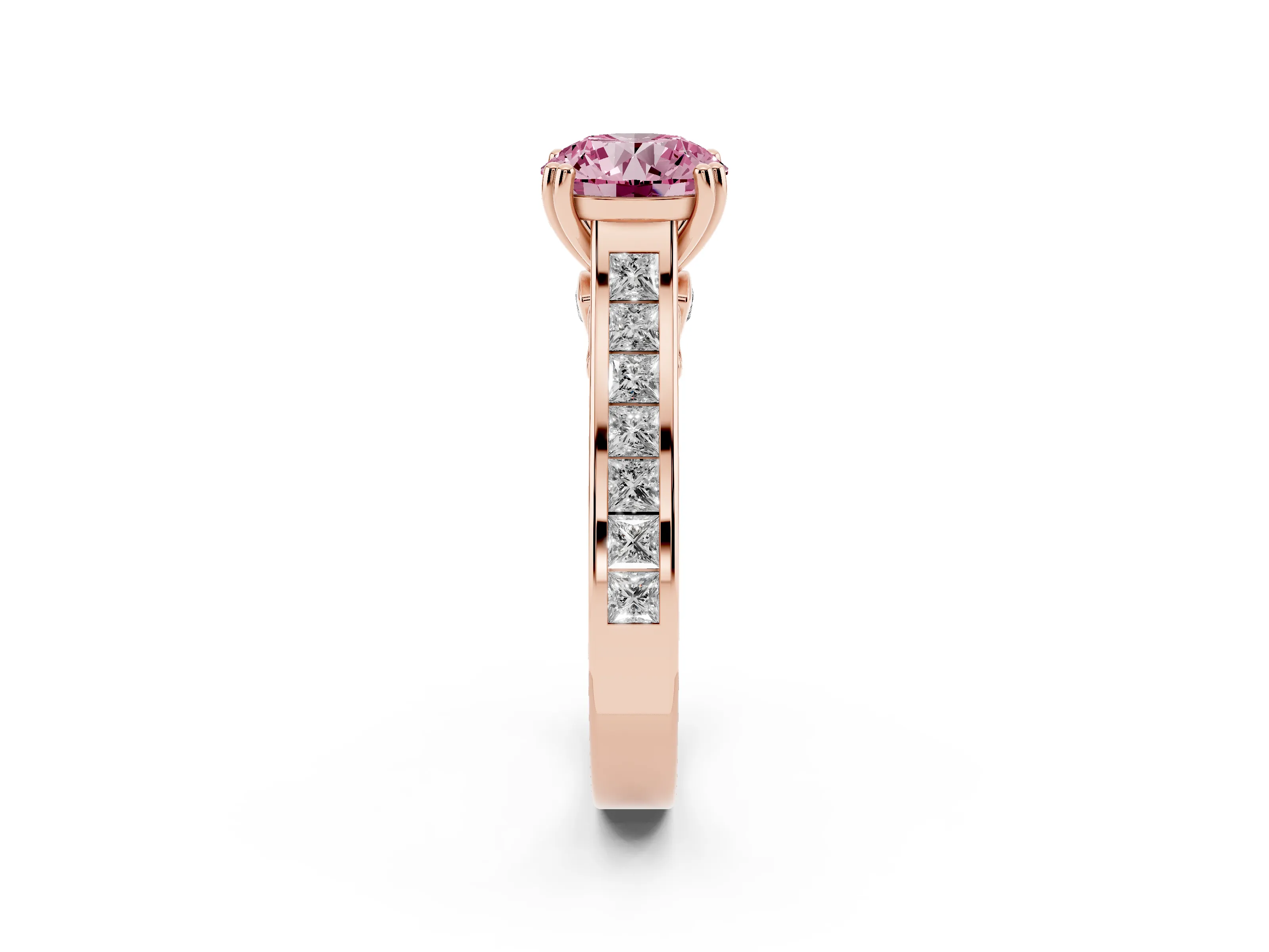 Fancy Pink Round Cut Diamond Channel Set Solitaire Engagement Ring Set in Rose gold with Prong Setting