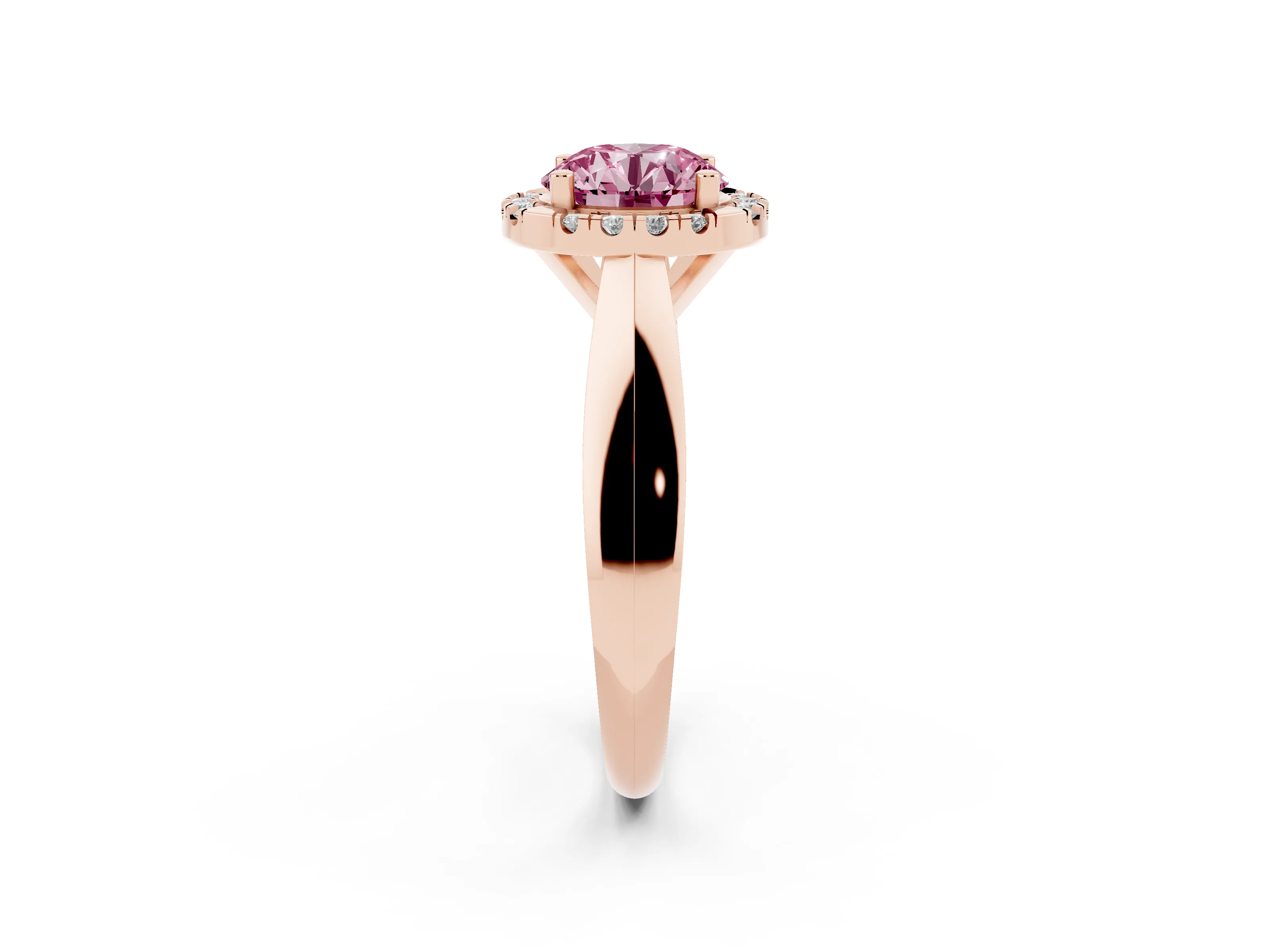 Fancy Pink Round Cut Diamond Halo Solitaire Engagement Ring Set in Rose gold with Square Band and Prong Setting