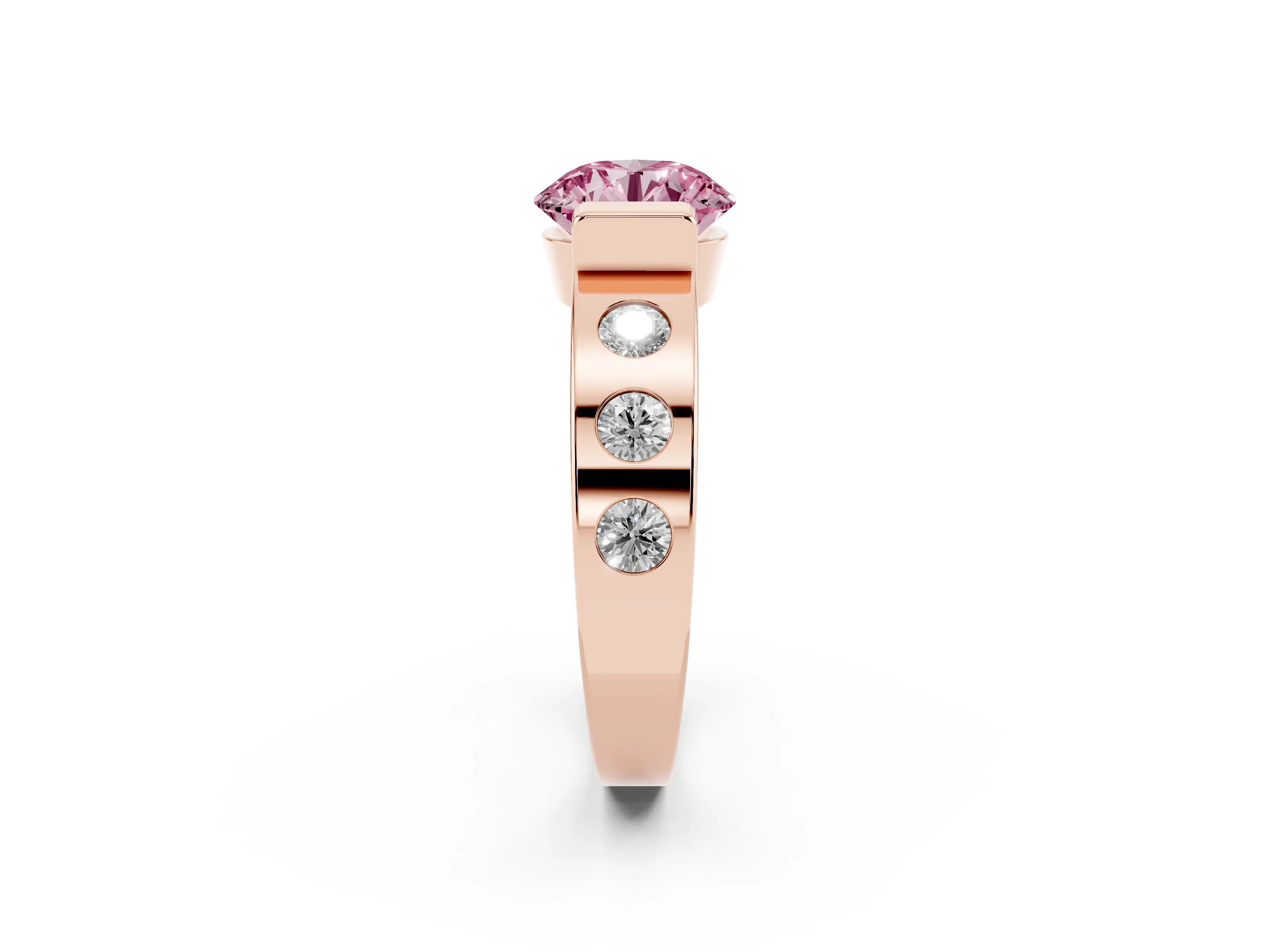 Fancy Pink Round Cut Diamond Channel-Set Band Ring Set in Rose gold with Bezel Prong Setting