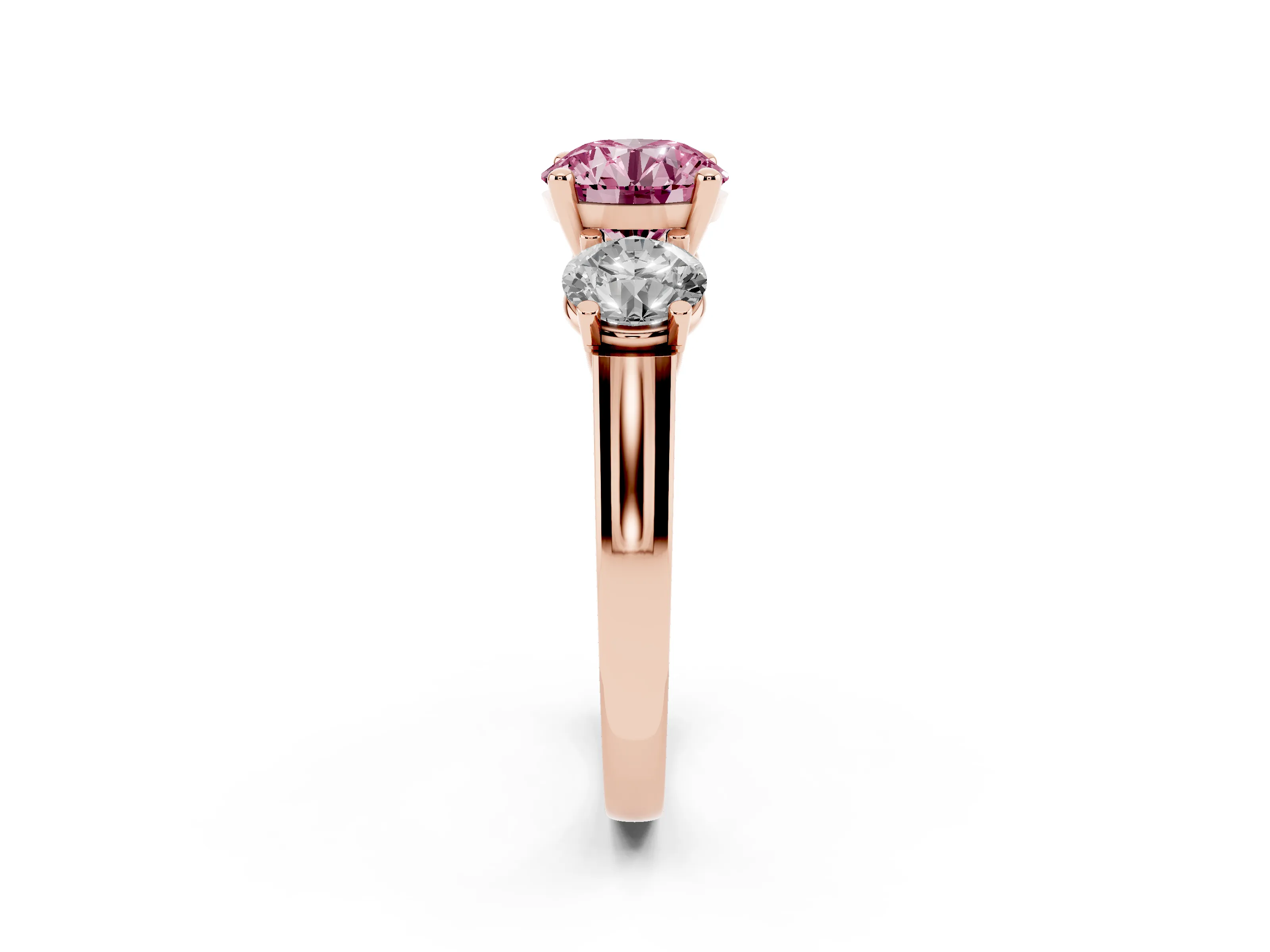 Fancy Pink Round Cut Diamond Three-Stone Trellis Ring Set in Rose gold with Comfort Fit Band
