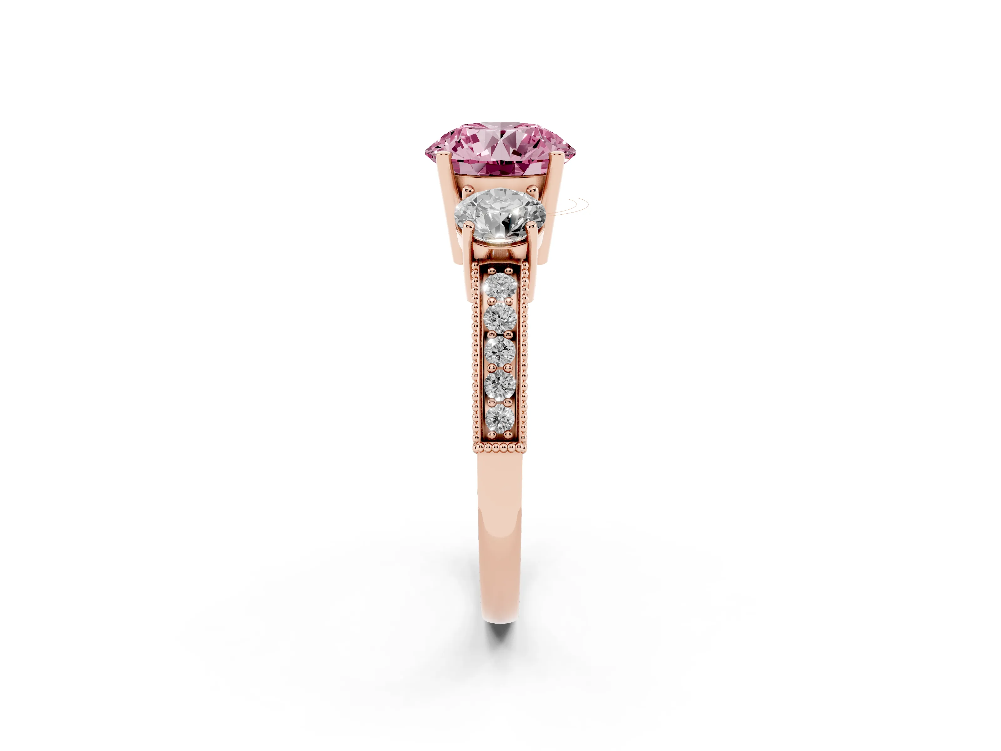 Fancy Pink Round Cut Diamond Three-Stone Ring Set in Rose gold with Round Side Stones and Pavé Band