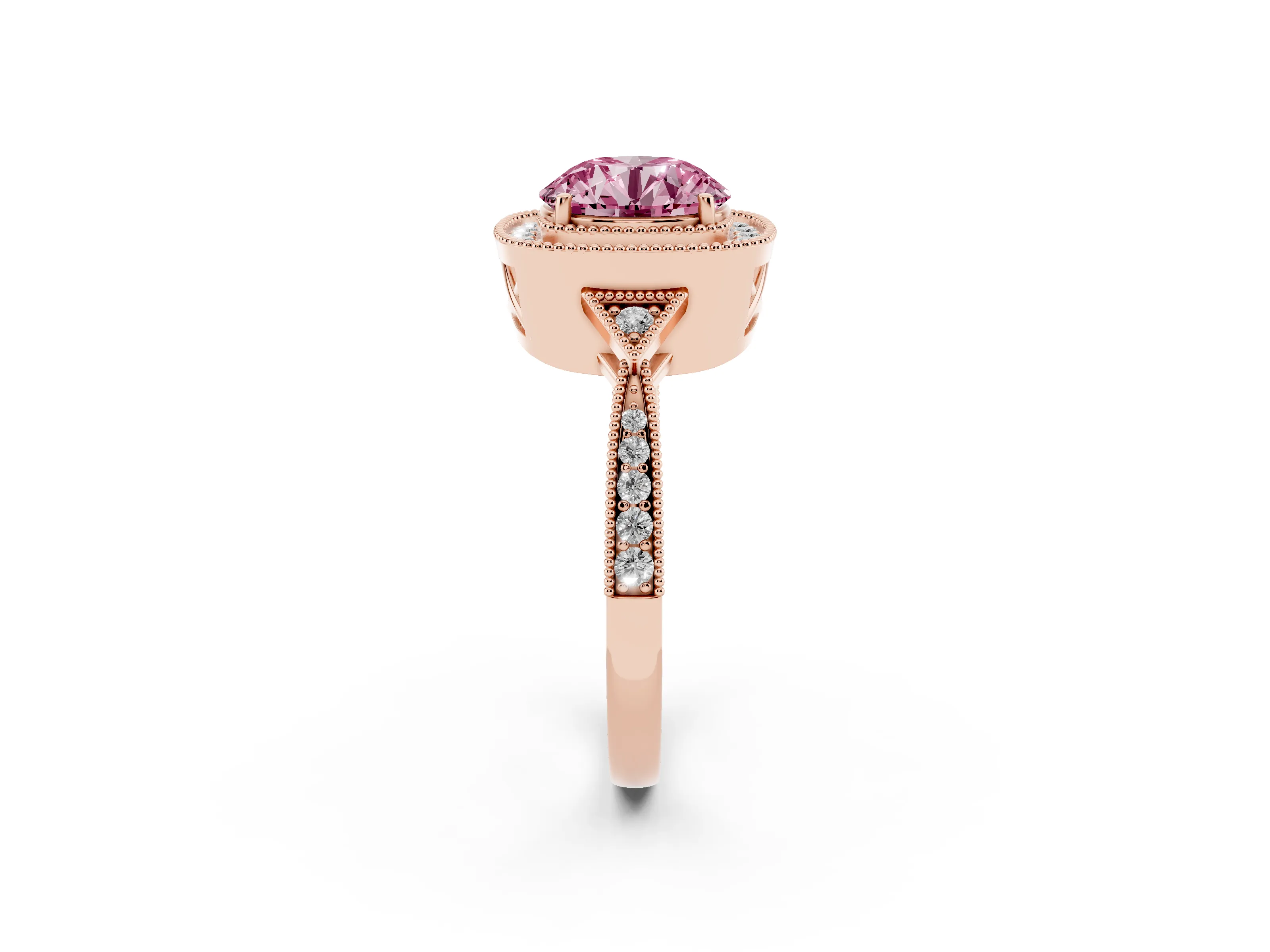 Fancy Pink Round Cut Diamond Halo Engagement Ring Set in Rose gold with Milgrain Pavé Band