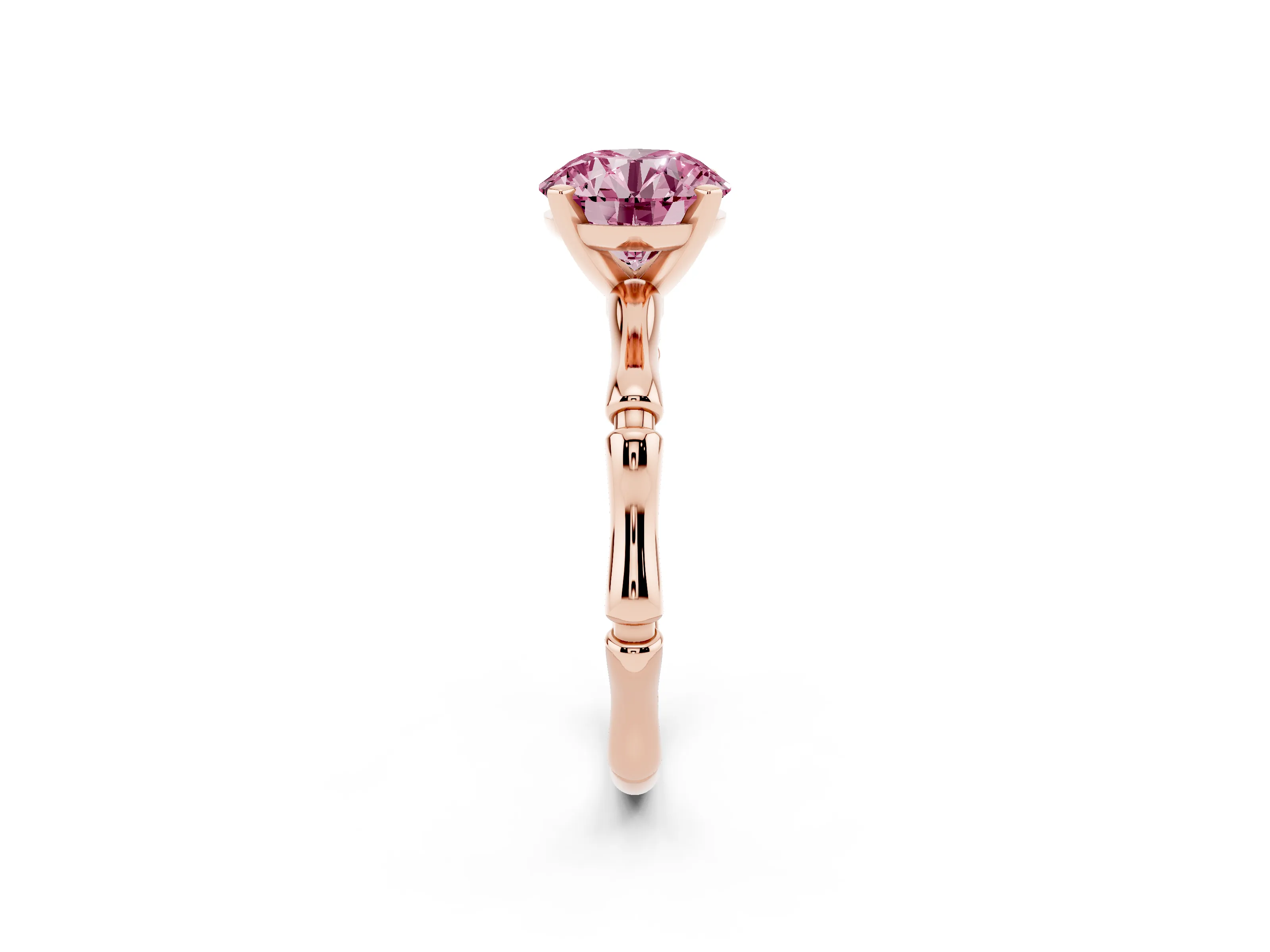 Fancy Pink Round Cut Diamond Solitaire Ring Set in Rose gold with Bamboo Band and Prong Setting