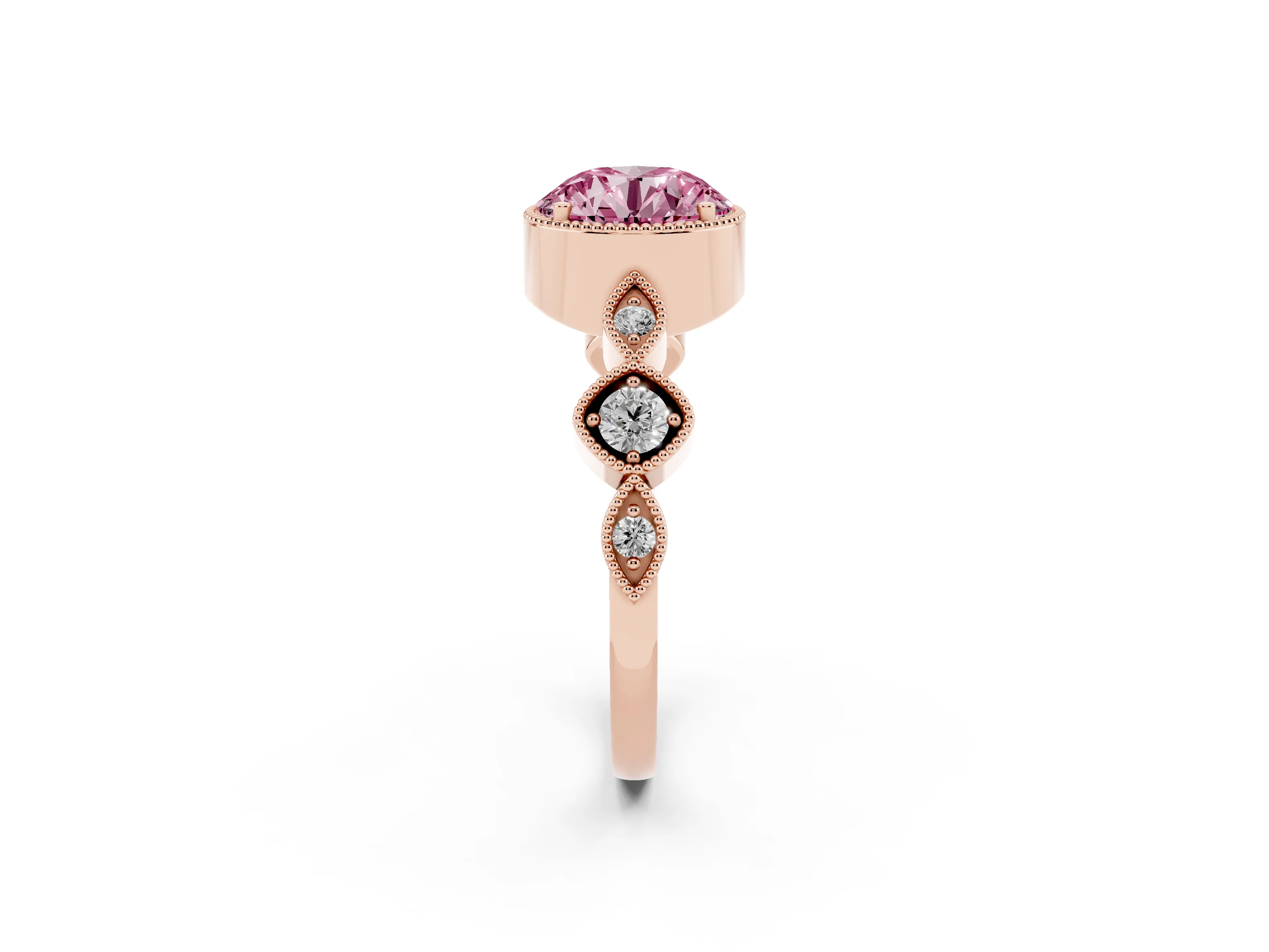 Fancy Pink Round Cut Diamond Vintage-Inspired Milgrain Ring Set in Rose gold with Marquise Stations of Round Accents