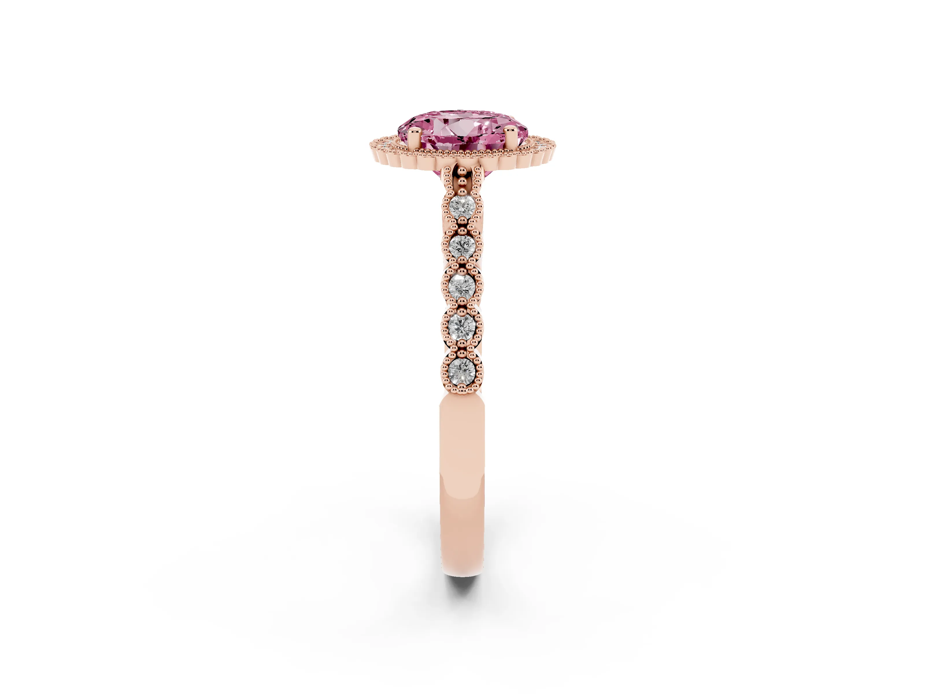 Fancy Pink Round Cut Diamond Halo Ring Set in Rose gold with Pavé Milgrain Band