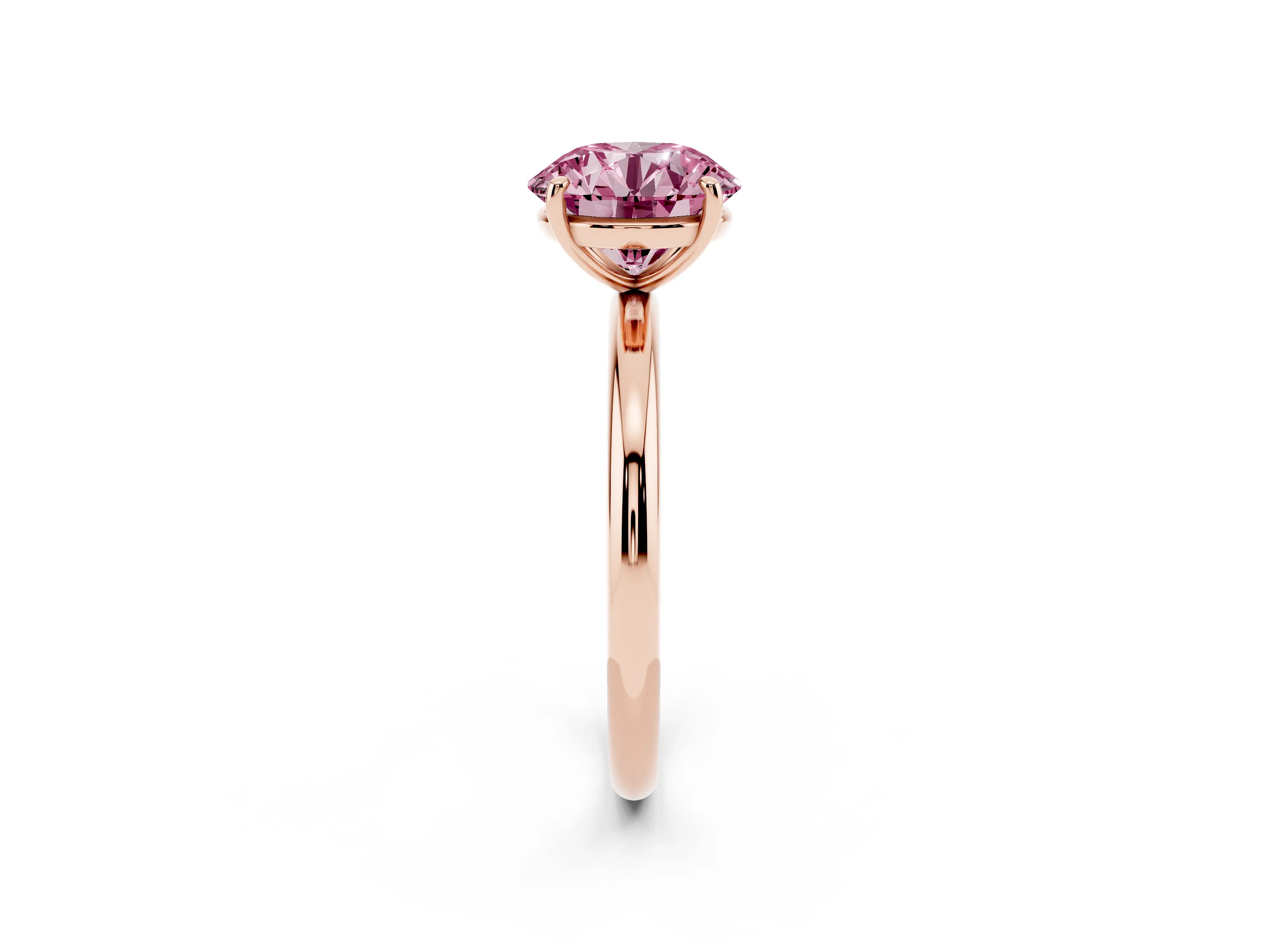 Fancy Pink Round Cut Diamond Solitaire Ring Set in Rose gold with Prong Setting on a Polished Plain Band