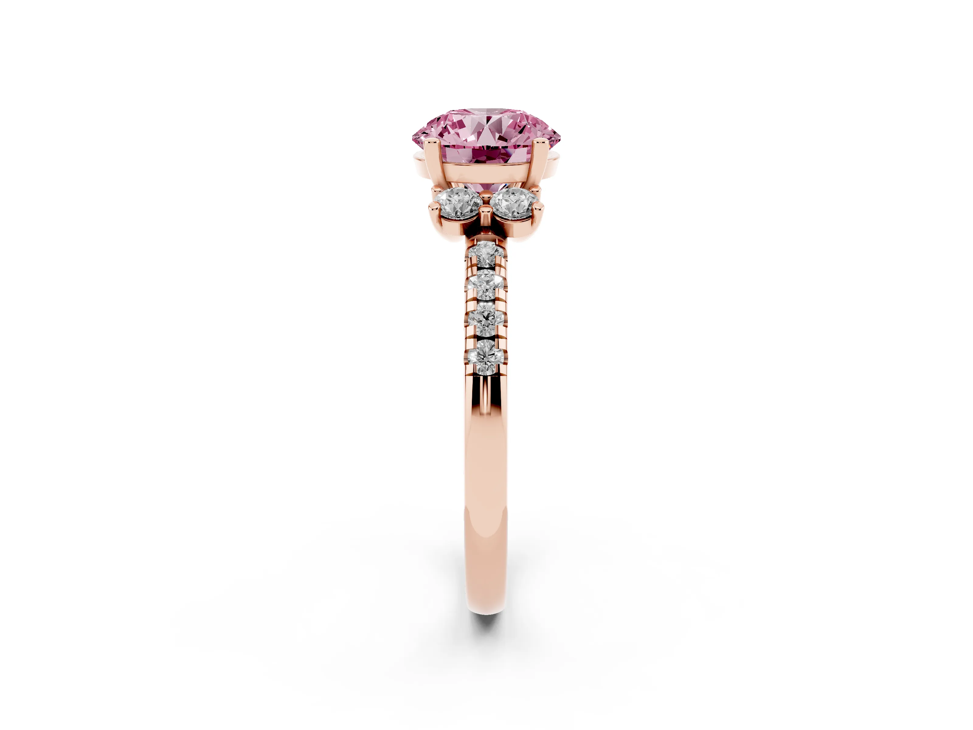 Fancy Pink Round Cut Diamond Three-Stone Pavé Ring Set in Rose gold with Prong Setting
