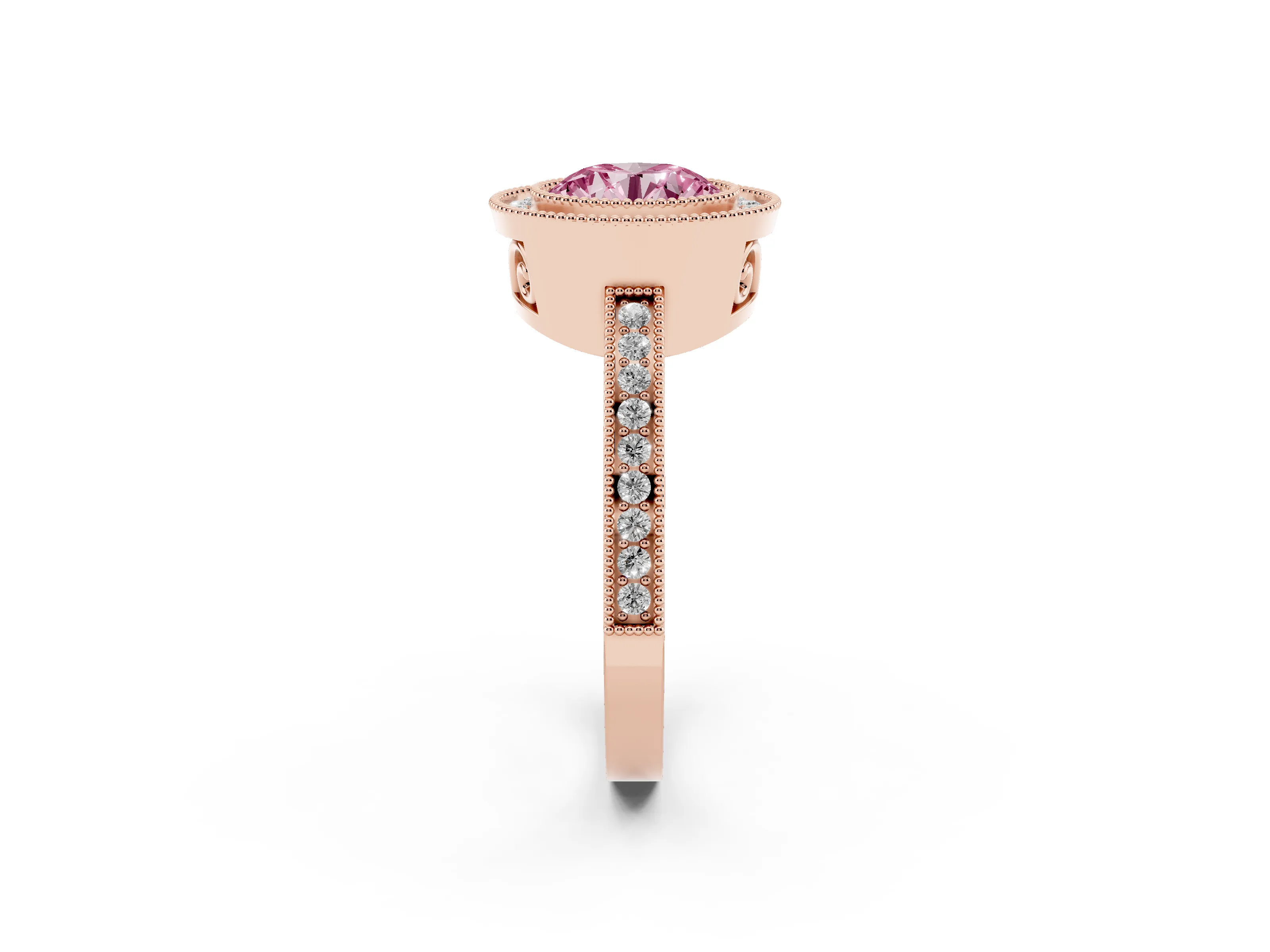 Fancy Pink Round Cut Diamond Halo Ring Set in Rose gold with Pavé Band and Milgrain-Edged Prongs