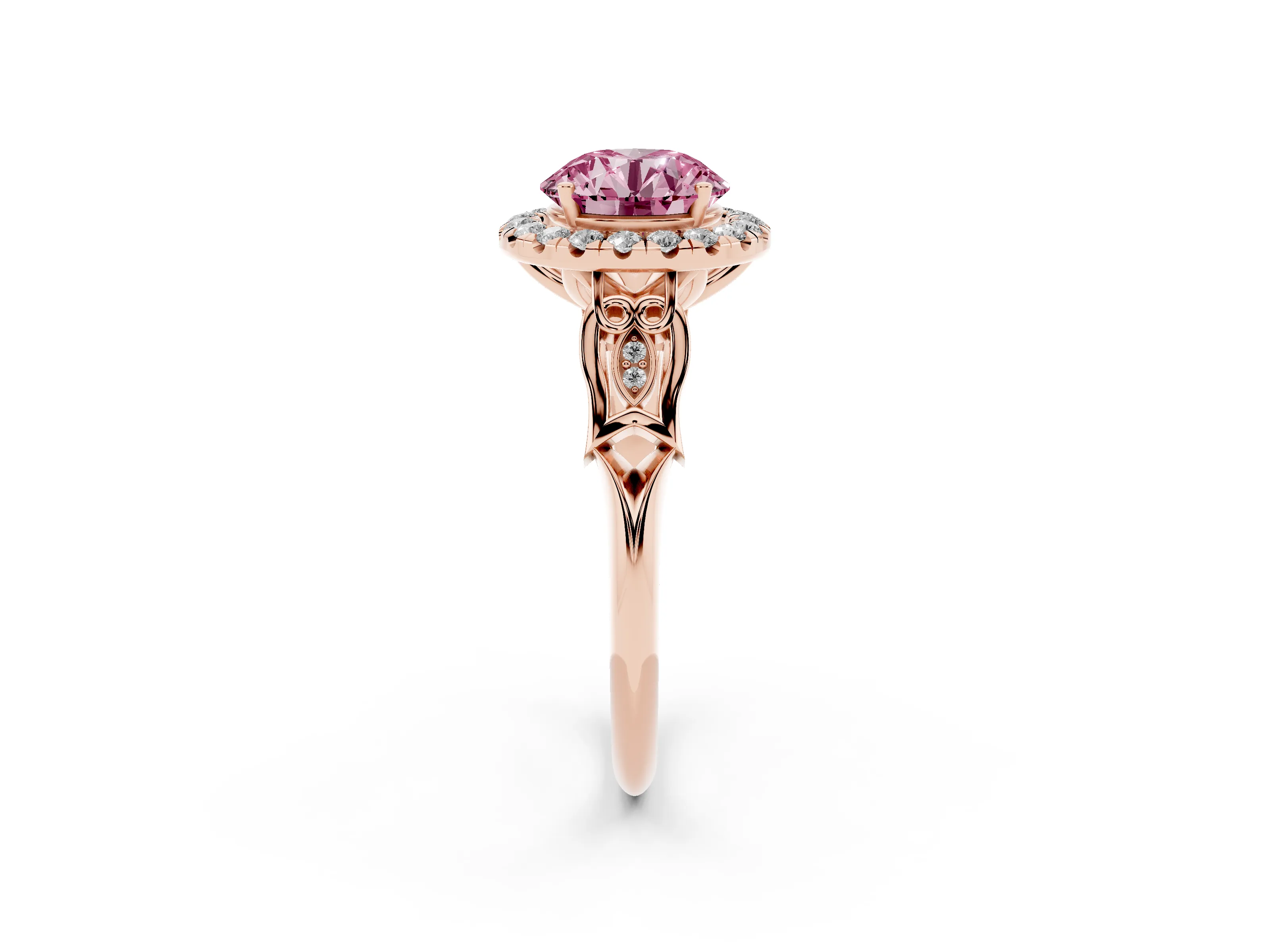 Fancy Pink Round Cut Diamond Halo Engagement Ring Set in Rose gold with Filigree Band and Prong-Set Center