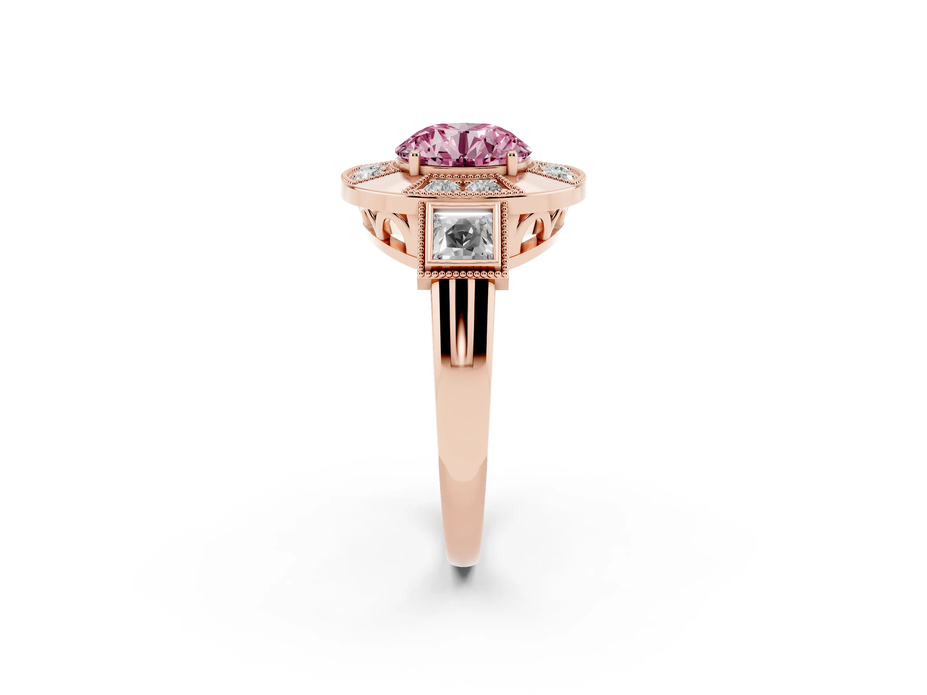 Fancy Pink Round Cut Diamond Milgrain Halo Ring Set in Rose gold with Split Shank