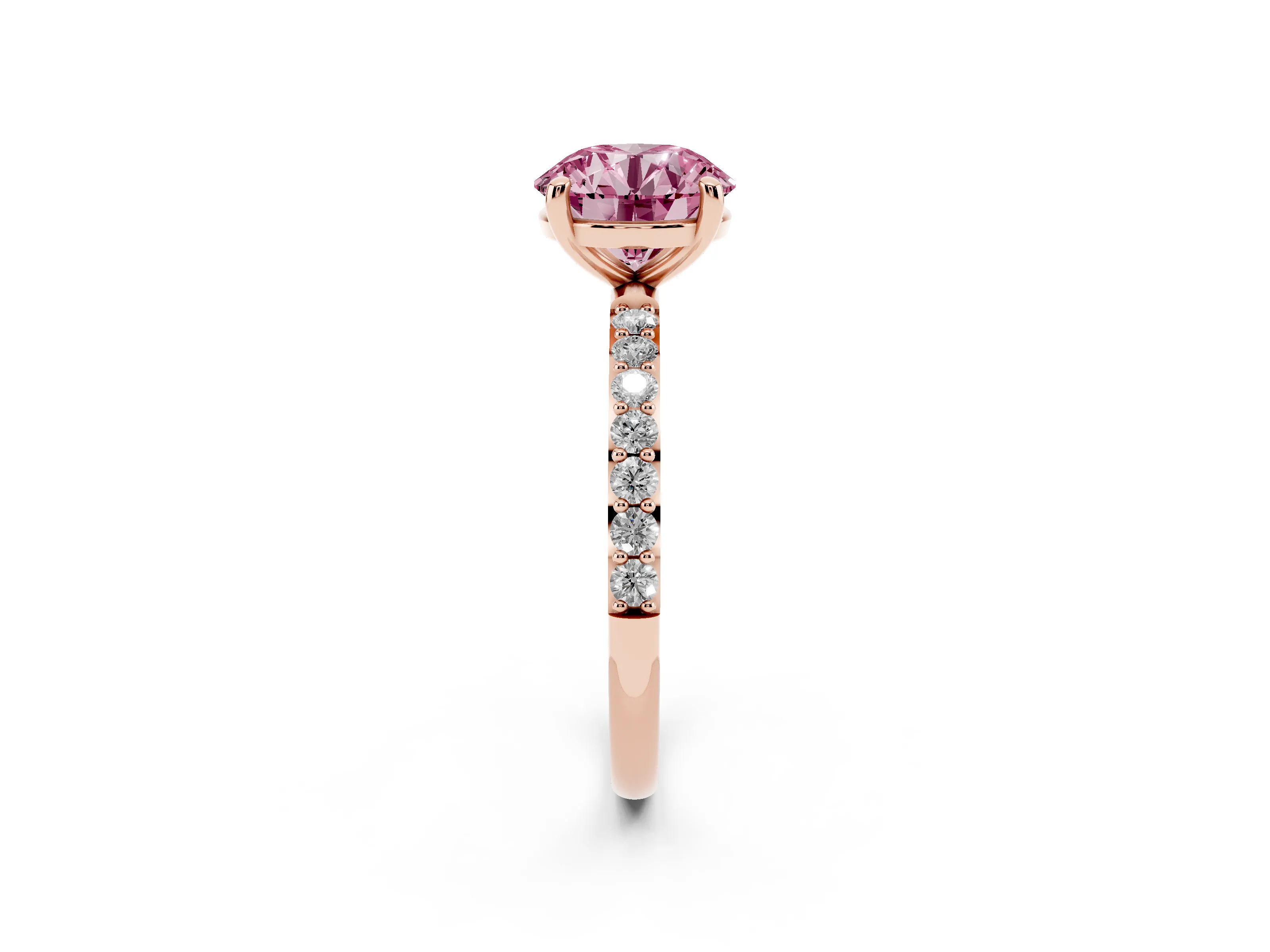 Fancy Pink Round Cut Diamond Solitaire Ring Set in Rose gold with Round Pavé Band and Prong Setting