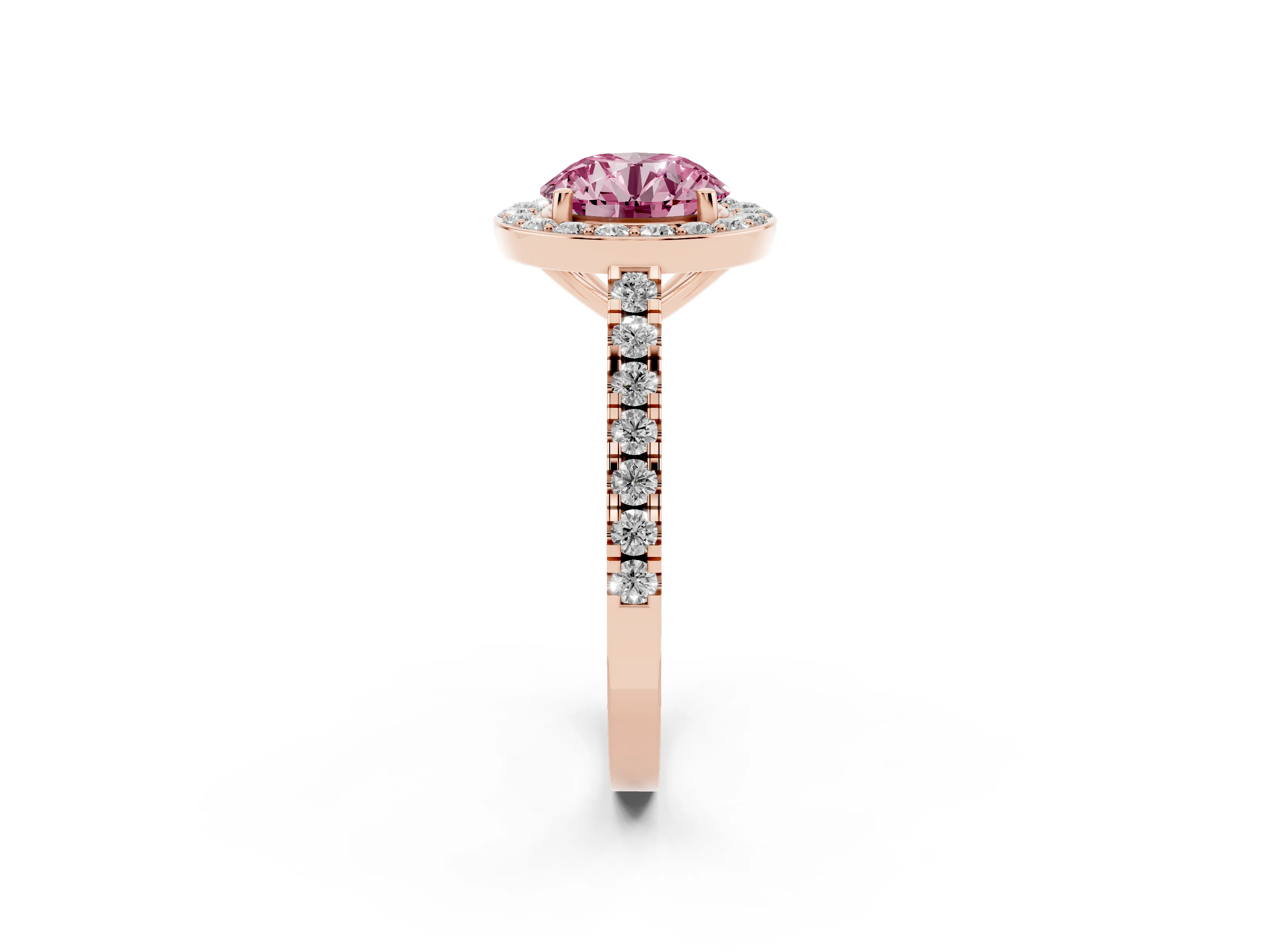 Fancy Pink Round Cut Diamond Halo Ring Set in Rose gold with Round Pavé Split Shank and Prong Setting