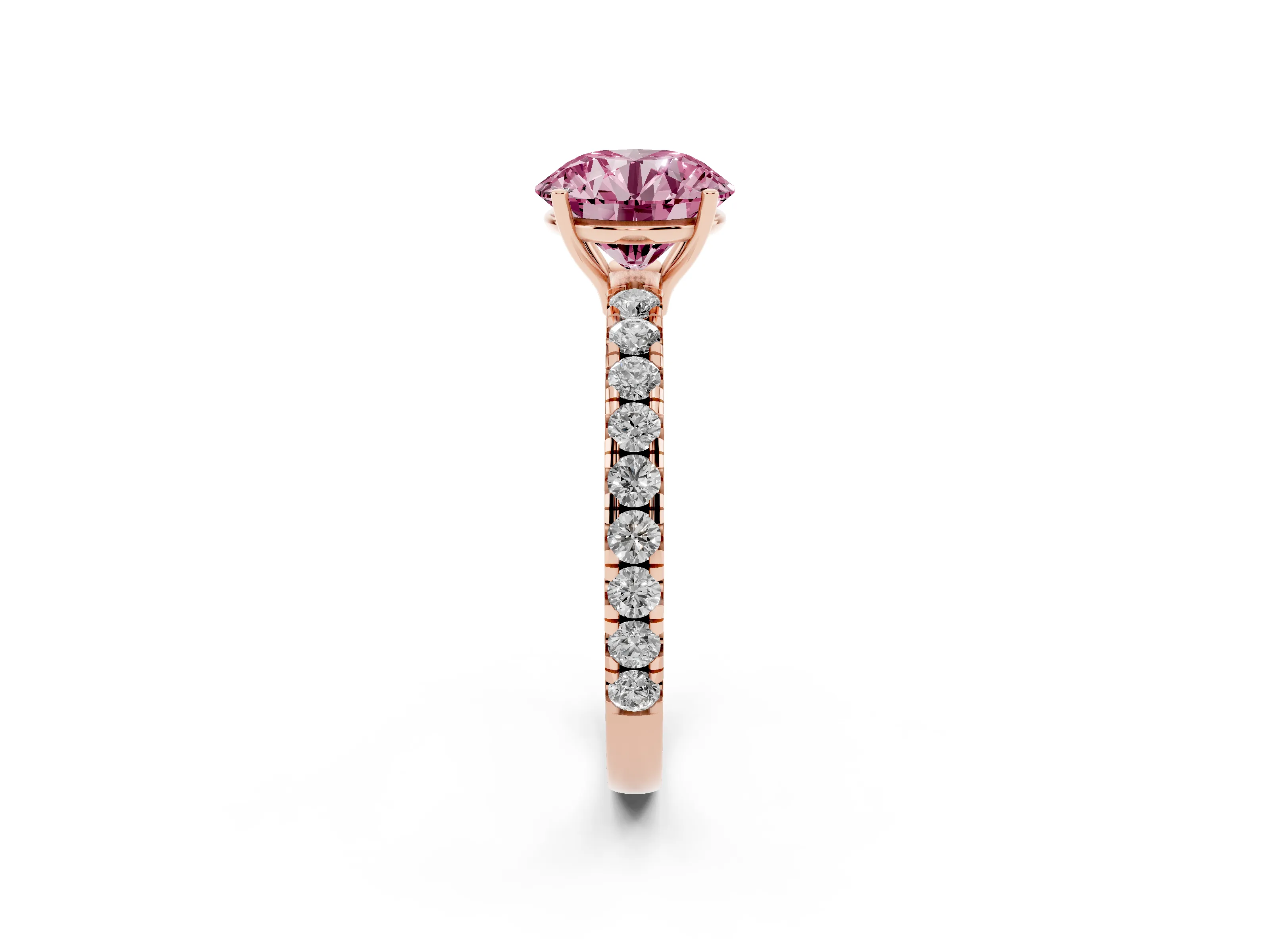 Fancy Pink Round Cut Diamond Pavé Solitaire Engagement Ring Set in Rose gold with Prong Setting