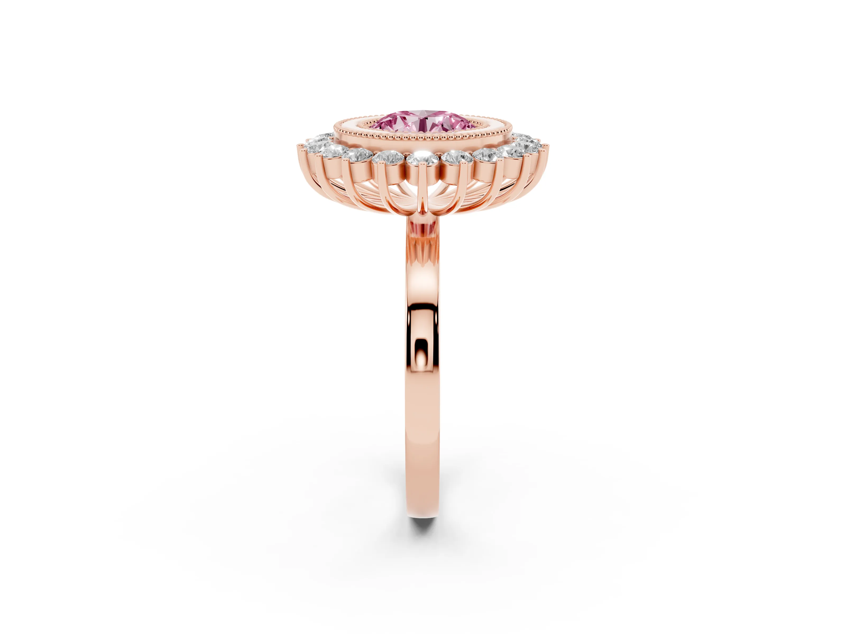 Fancy Pink Round Cut Diamond Halo Ring Set in Rose gold with Milgrain Edge and Round Prong Setting