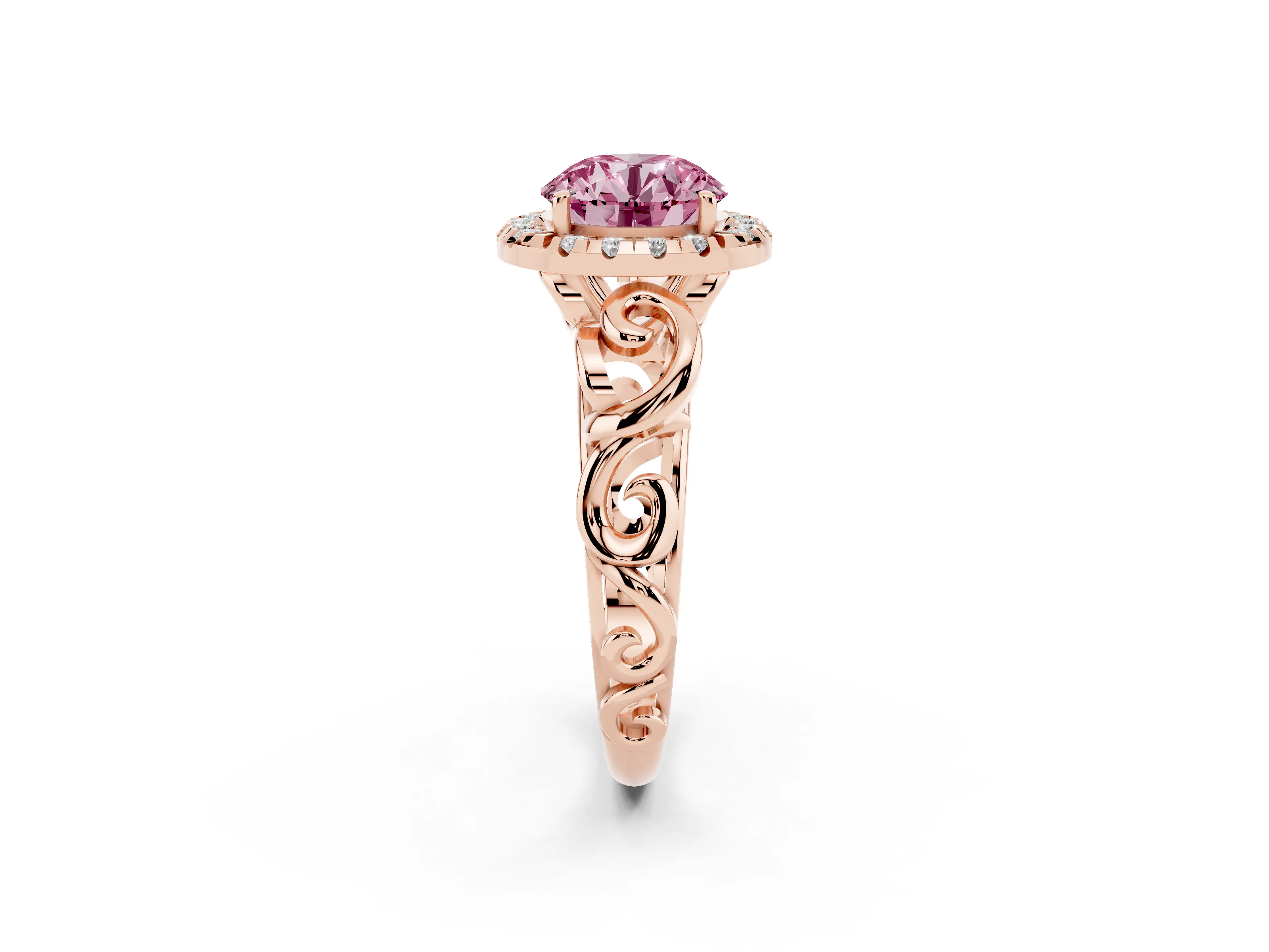 Fancy Pink Round Cut Diamond Halo Ring Set in Rose gold with Scrollwork Band and Prong Setting
