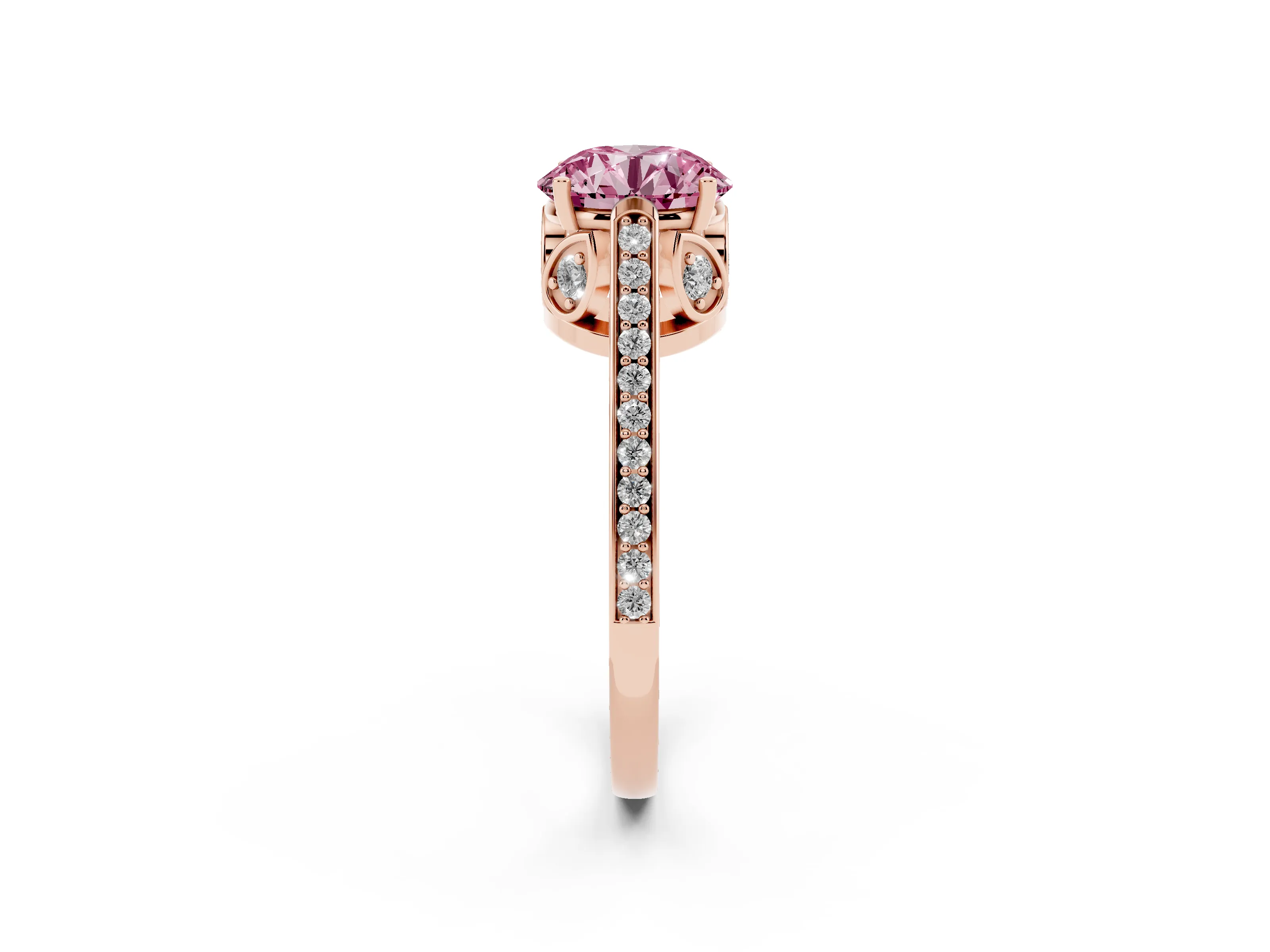 Fancy Pink Round Cut Diamond Cathedral Pavé Engagement Ring Set in Rose gold with Prong Setting