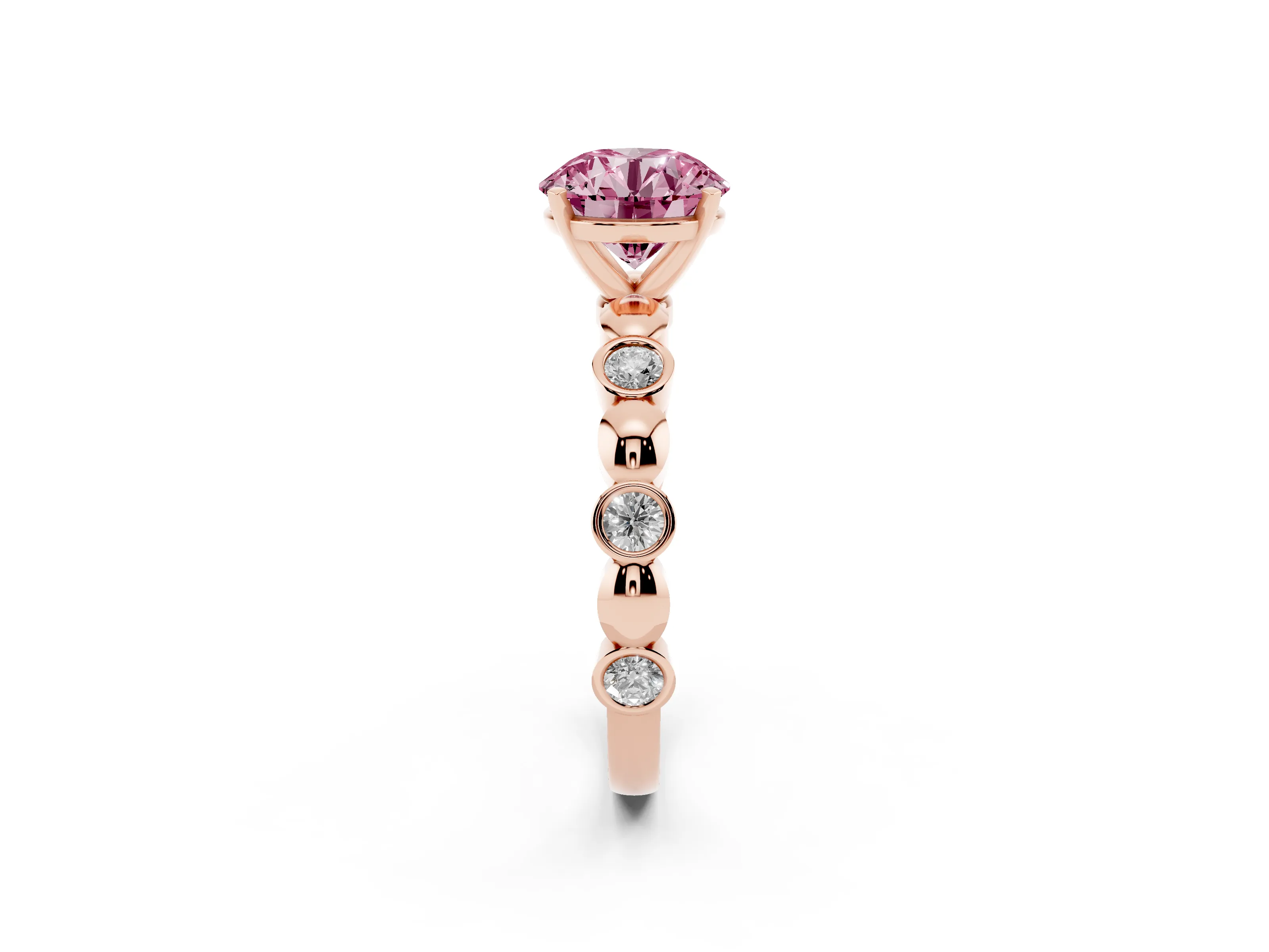 Fancy Pink Round Cut Diamond Solitaire Ring Set in Rose gold with Bezel-Set Accents on Beaded Band and Prong Setting
