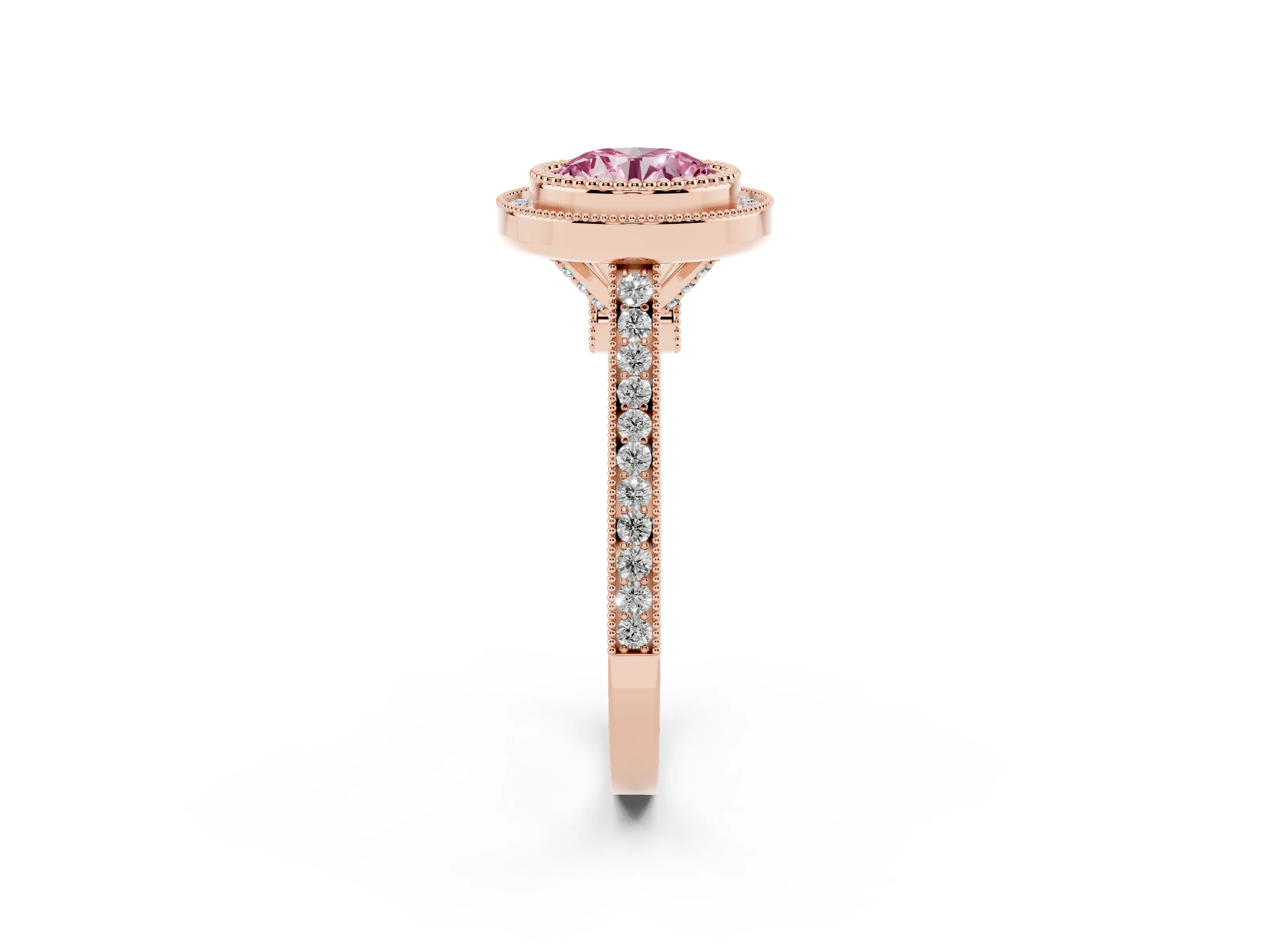 Fancy Pink Round Cut Diamond Halo Ring Set in Rose gold with Milgrain Frame and Pavé Band