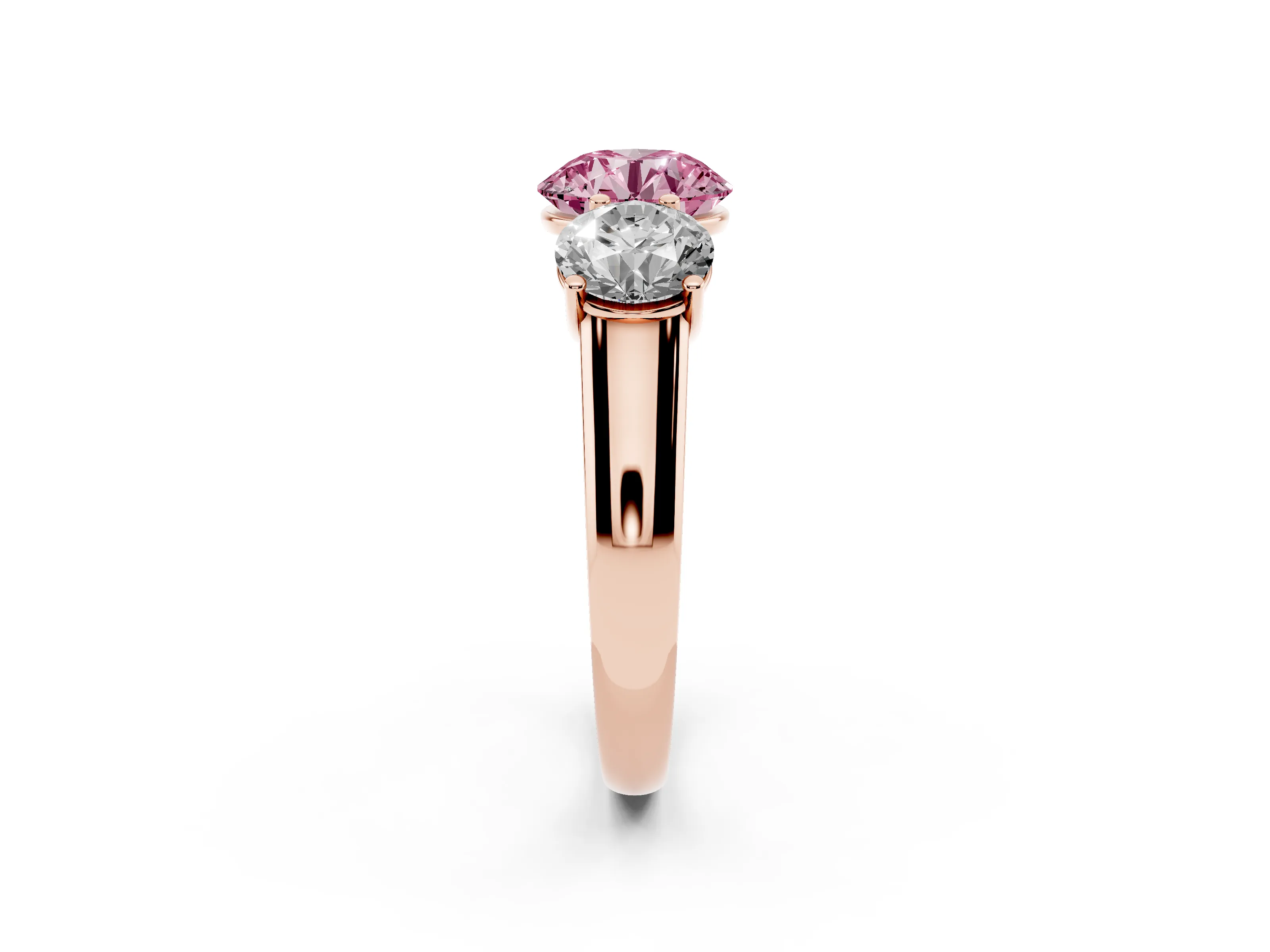 Fancy Pink Round Cut Diamond Three-Stone Ring Set in Rose gold with Plain Polished Band