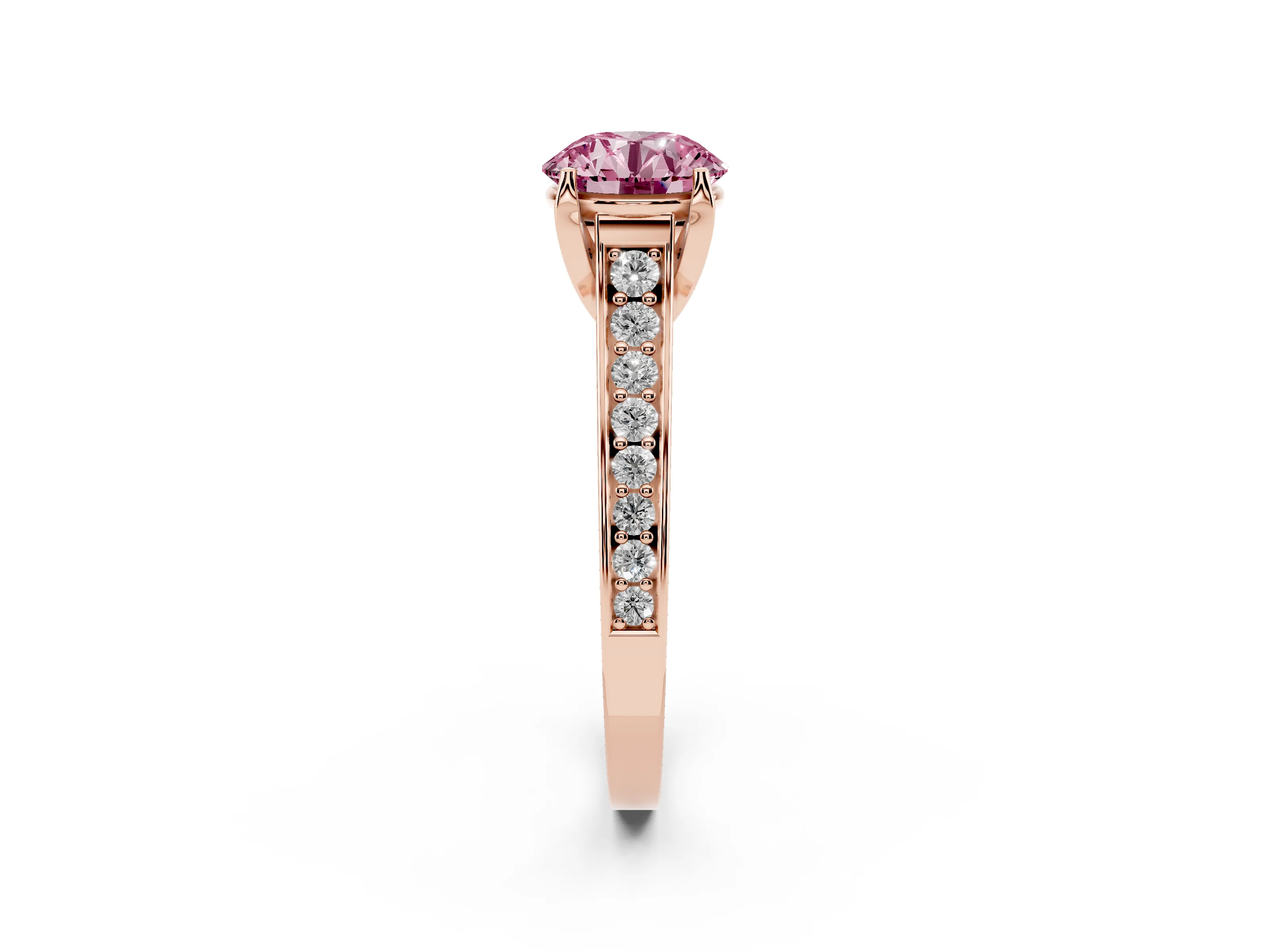 Fancy Pink Round Cut Diamond Solitaire Pavé Engagement Ring Set in Rose gold with Prong Setting