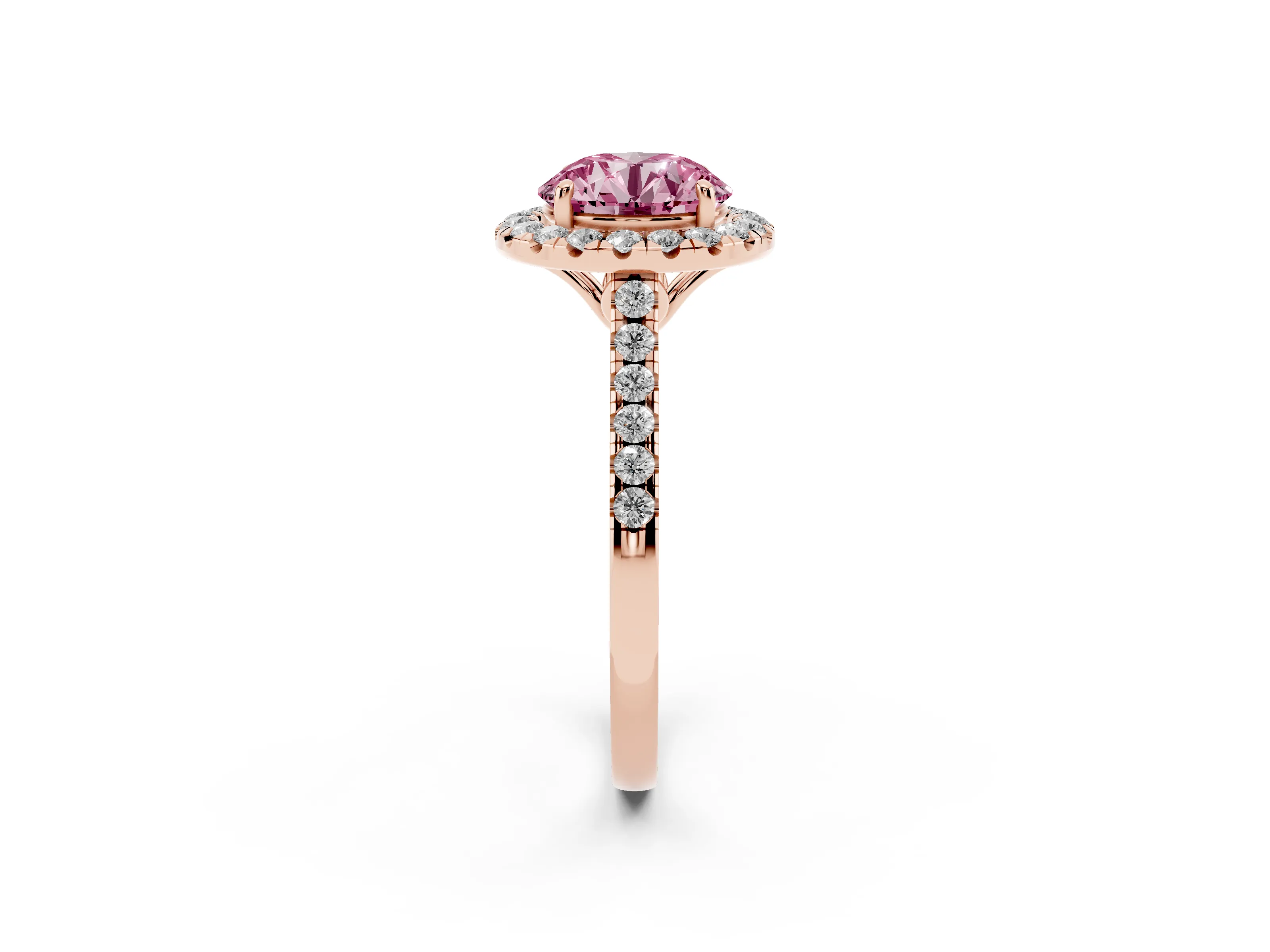 Fancy Pink Round Cut Diamond Pavé Halo Engagement Ring Set in Rose gold with Pavé Band and Prong Setting
