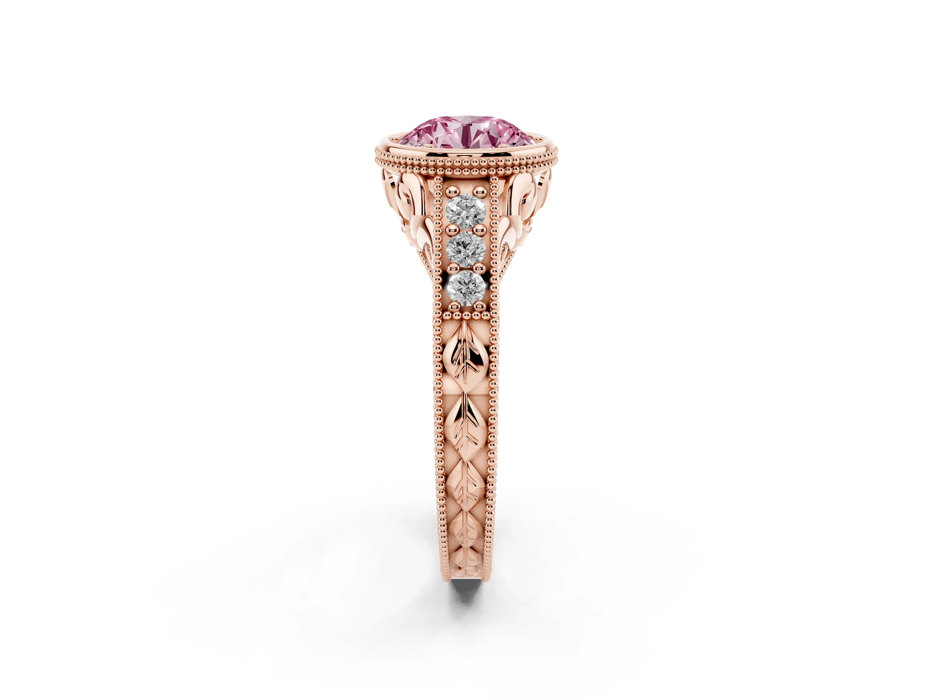 Fancy Pink Bezel Set Round Cut Diamond Milgrain Pavé Engagement Ring Set in Rose gold