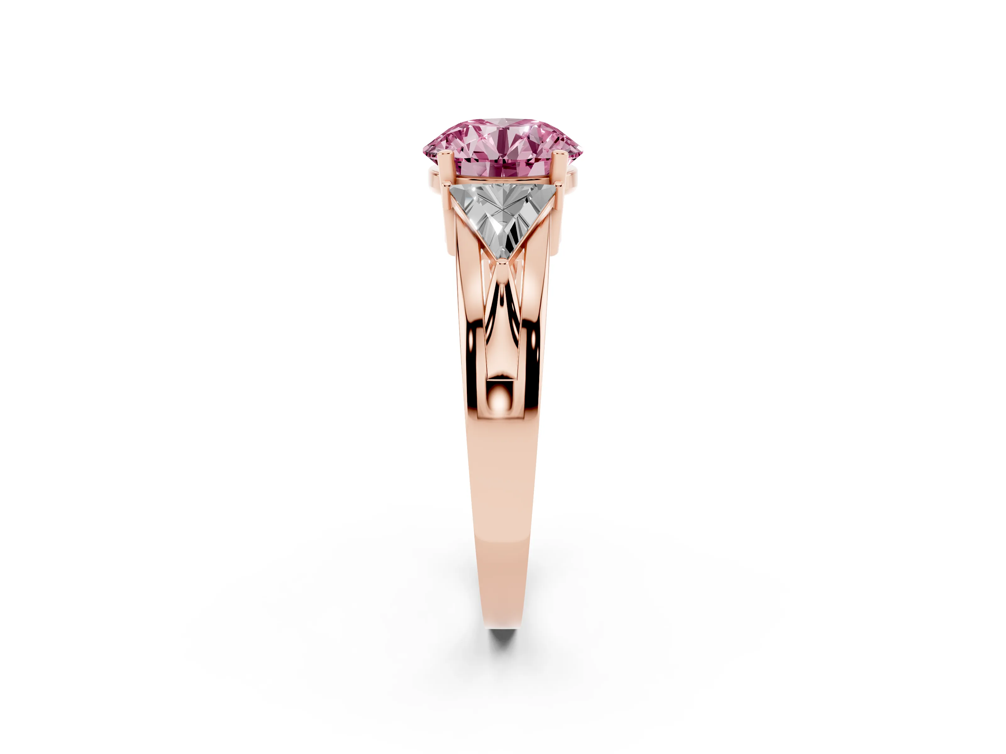 Fancy Pink Round Cut Diamond Three-Stone Ring Set in Rose gold with Trillion Side Stones and Split Shank