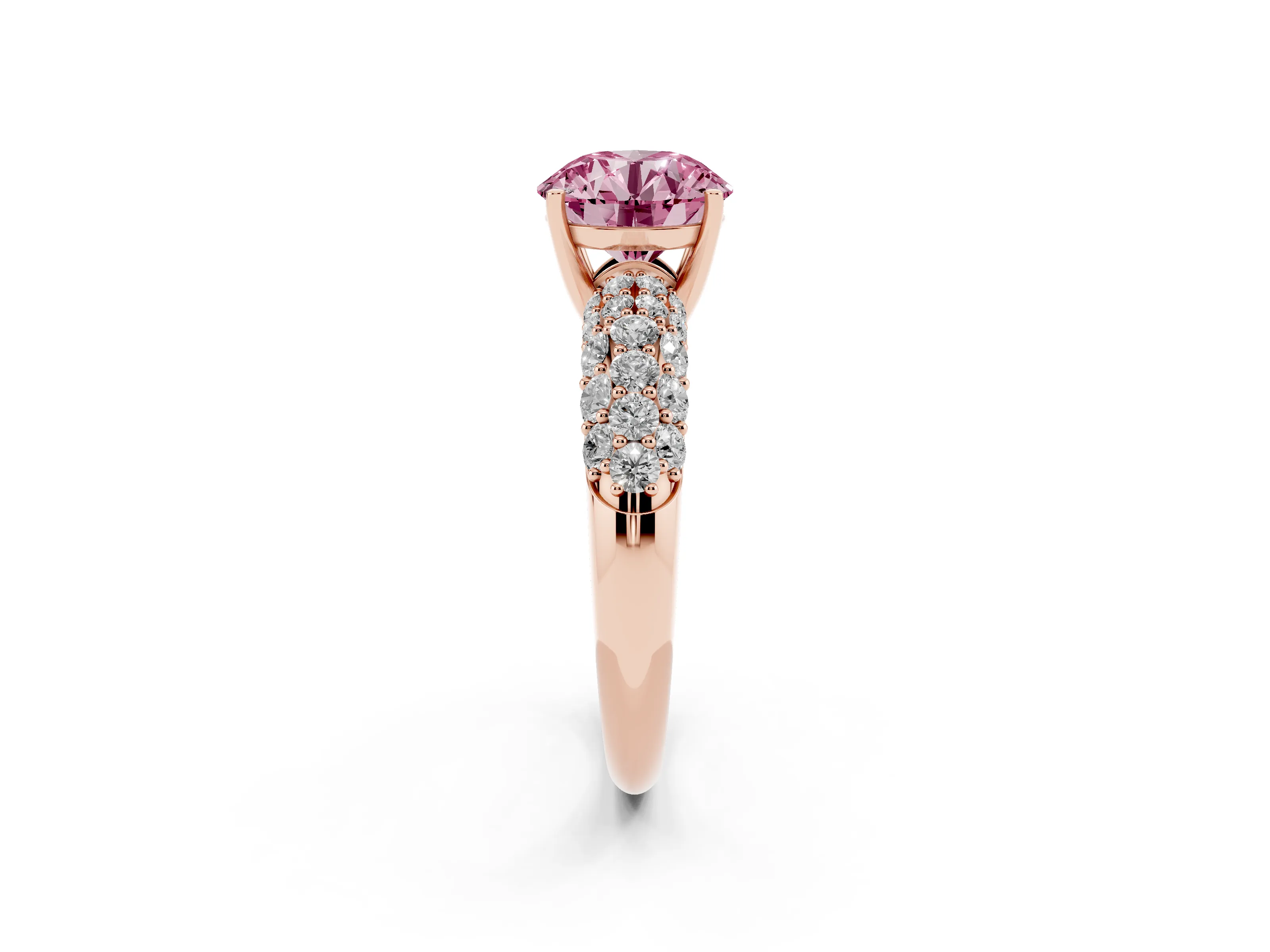 Fancy Pink Round Cut Diamond Pavé Band Solitaire Ring Set in Rose gold with Close-Set Accent Stones and Prong Setting