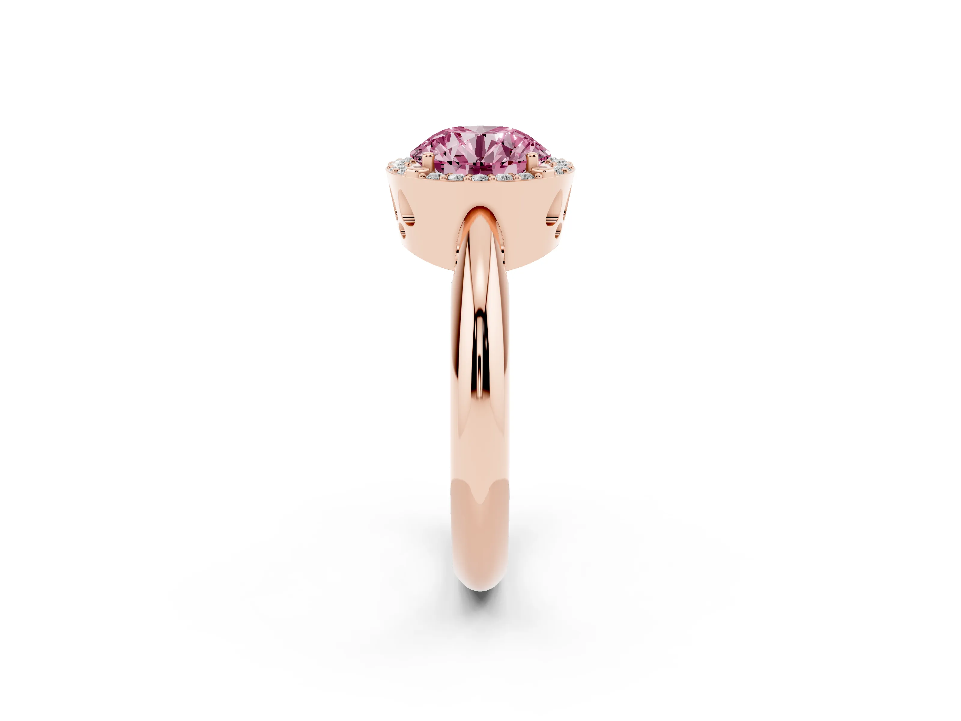 Fancy Pink Round Cut Diamond Halo Engagement Ring Set in Rose gold with Plain Split Shank and Prong Setting