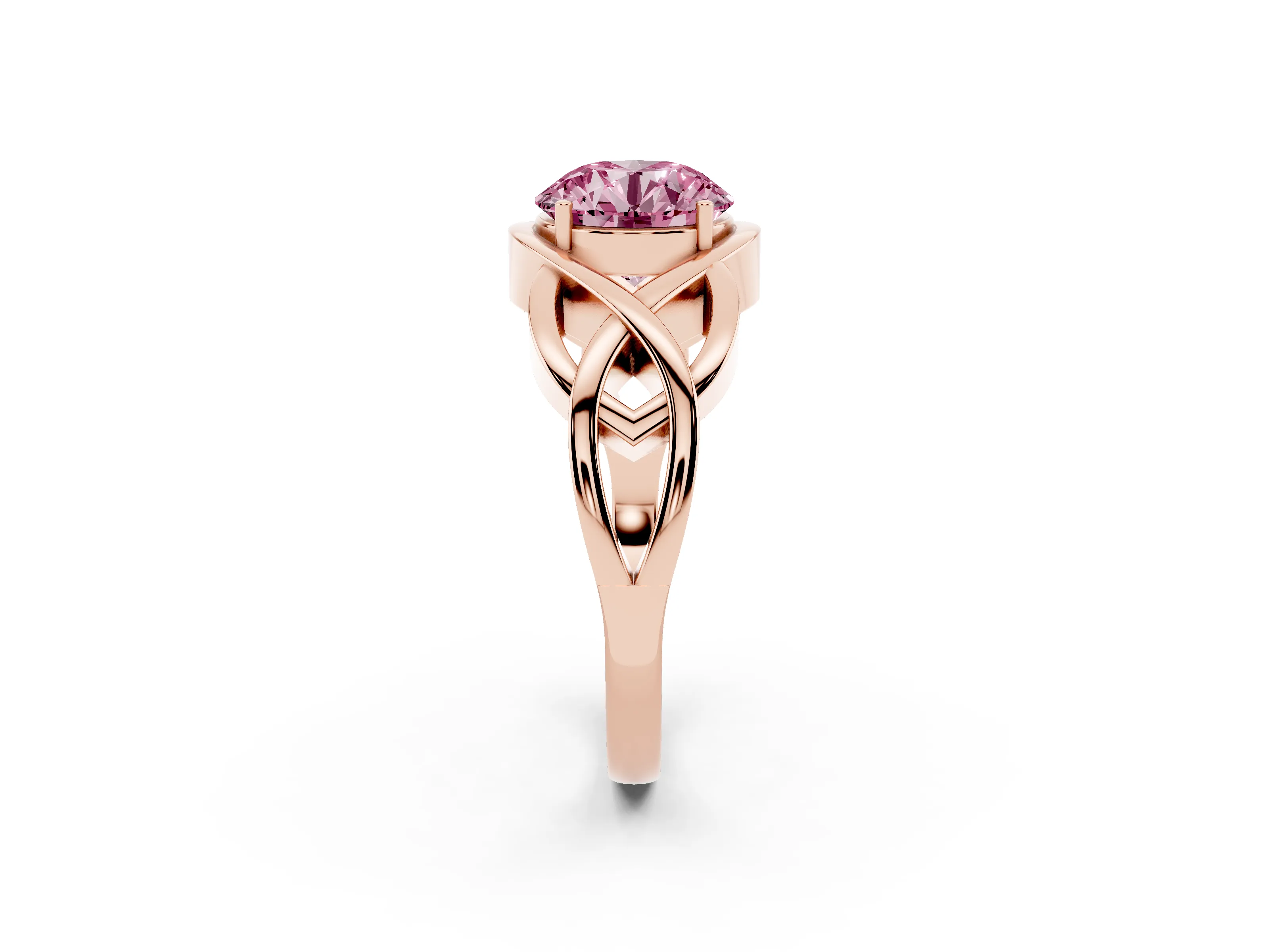Fancy Pink Round Cut Diamond Solitaire Ring Set in Rose gold with Intertwined Band