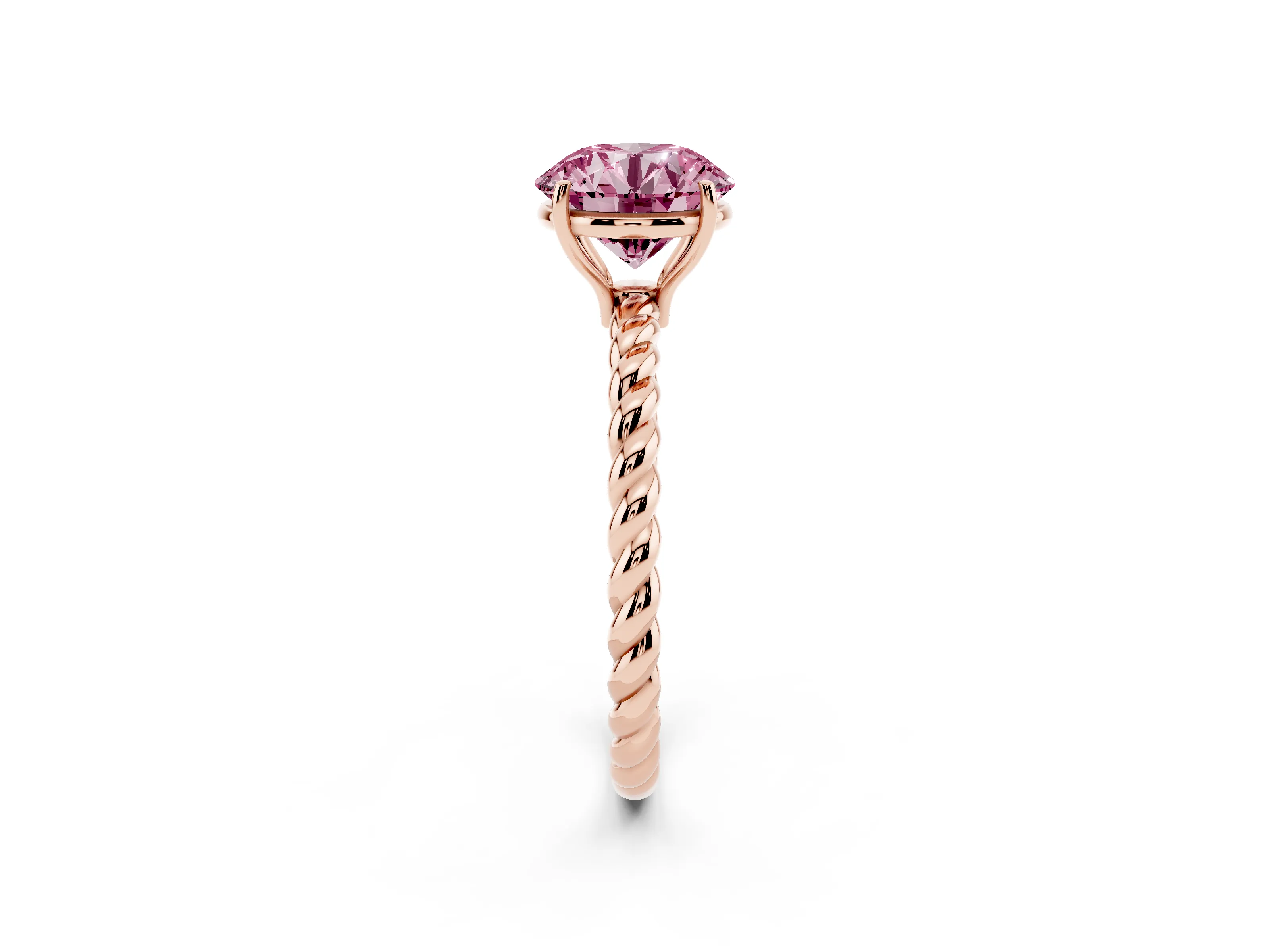 Fancy Pink Round Cut Diamond Solitaire Ring Set in Rose gold with Twist Band and Prong Setting