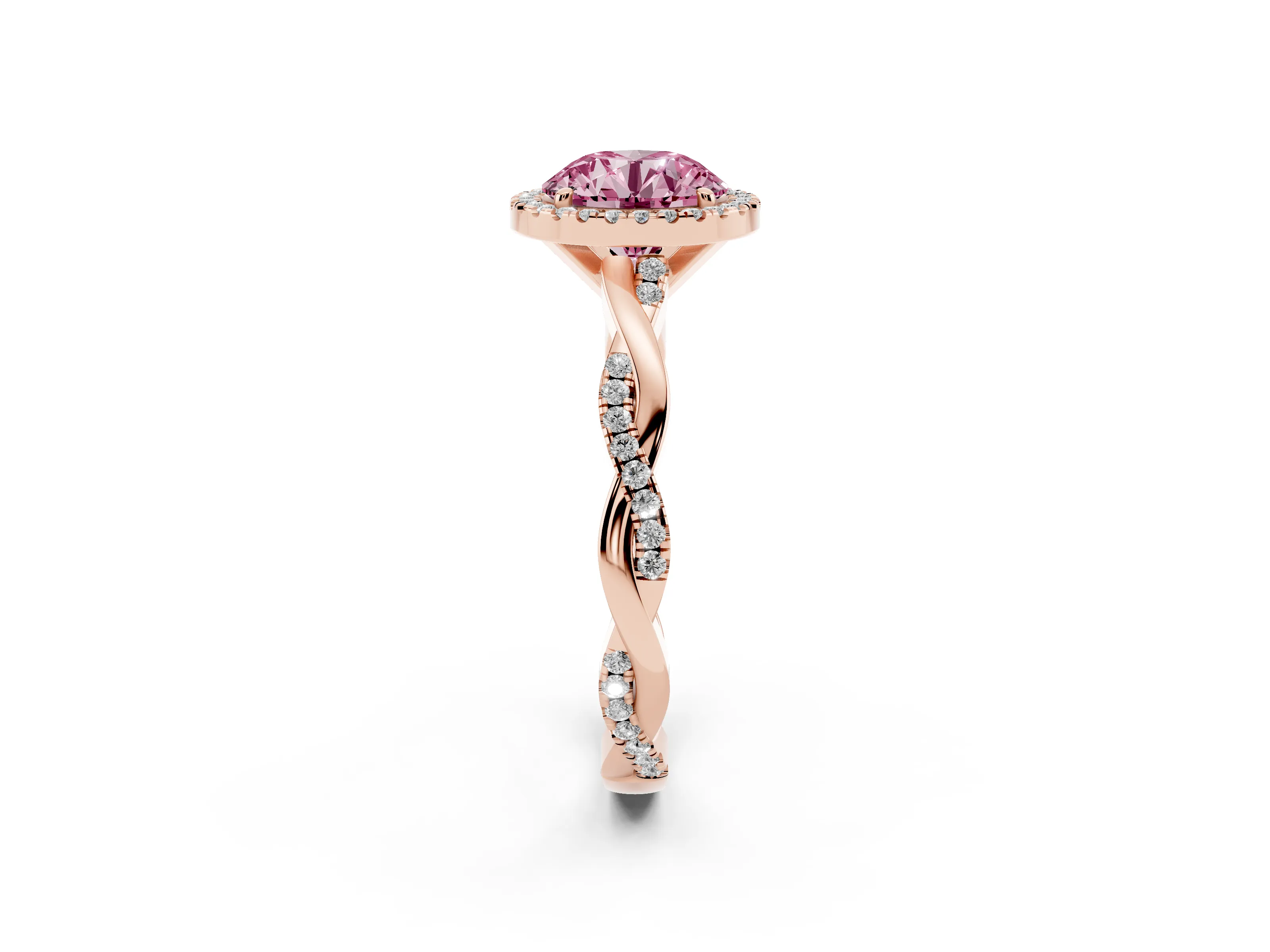 Fancy Pink Round Cut Diamond Halo Twisted Band Ring Set in Rose gold with Prong Setting