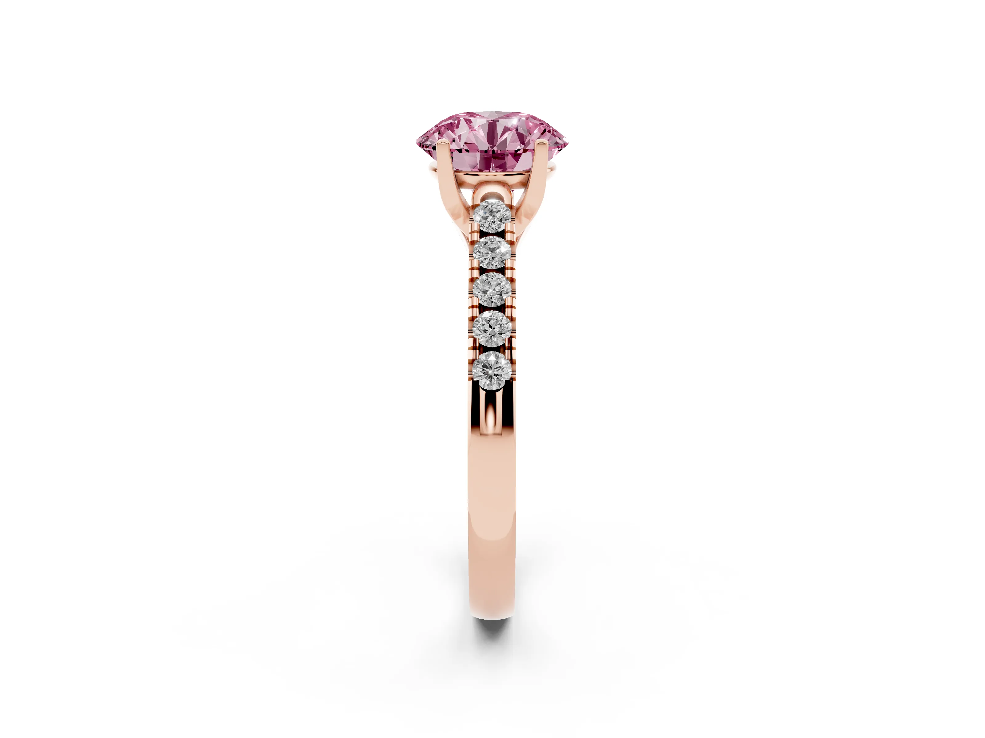 Fancy Pink Round Cut Diamond Pavé Band Solitaire Ring Set in Rose gold with Partway Accent Stones and Prong Setting