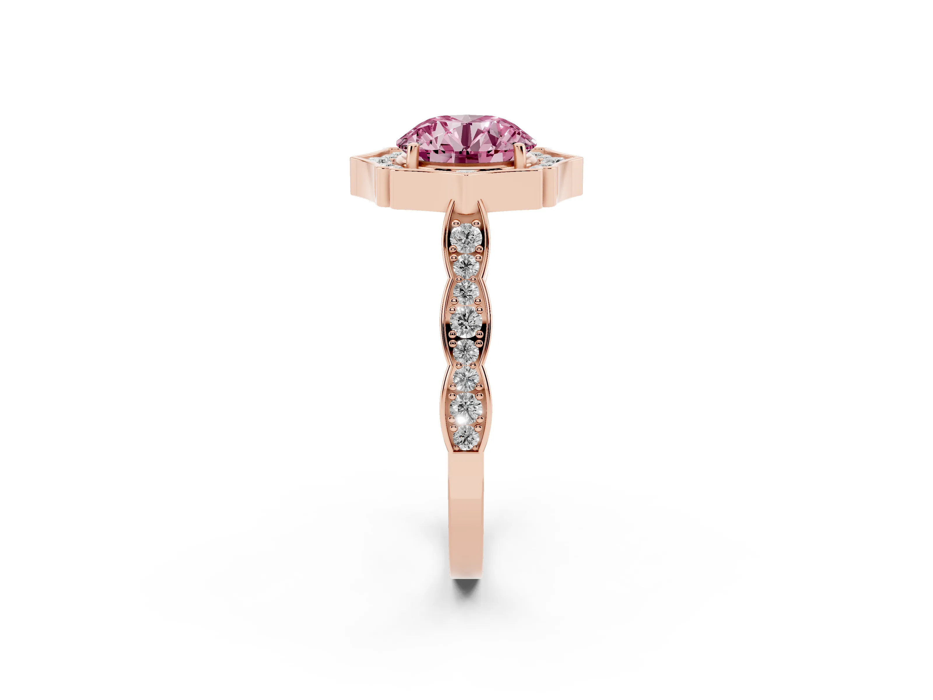 Fancy Pink Round Cut Diamond Halo Engagement Ring Set in Rose gold with Milgrain Band and Prong Setting