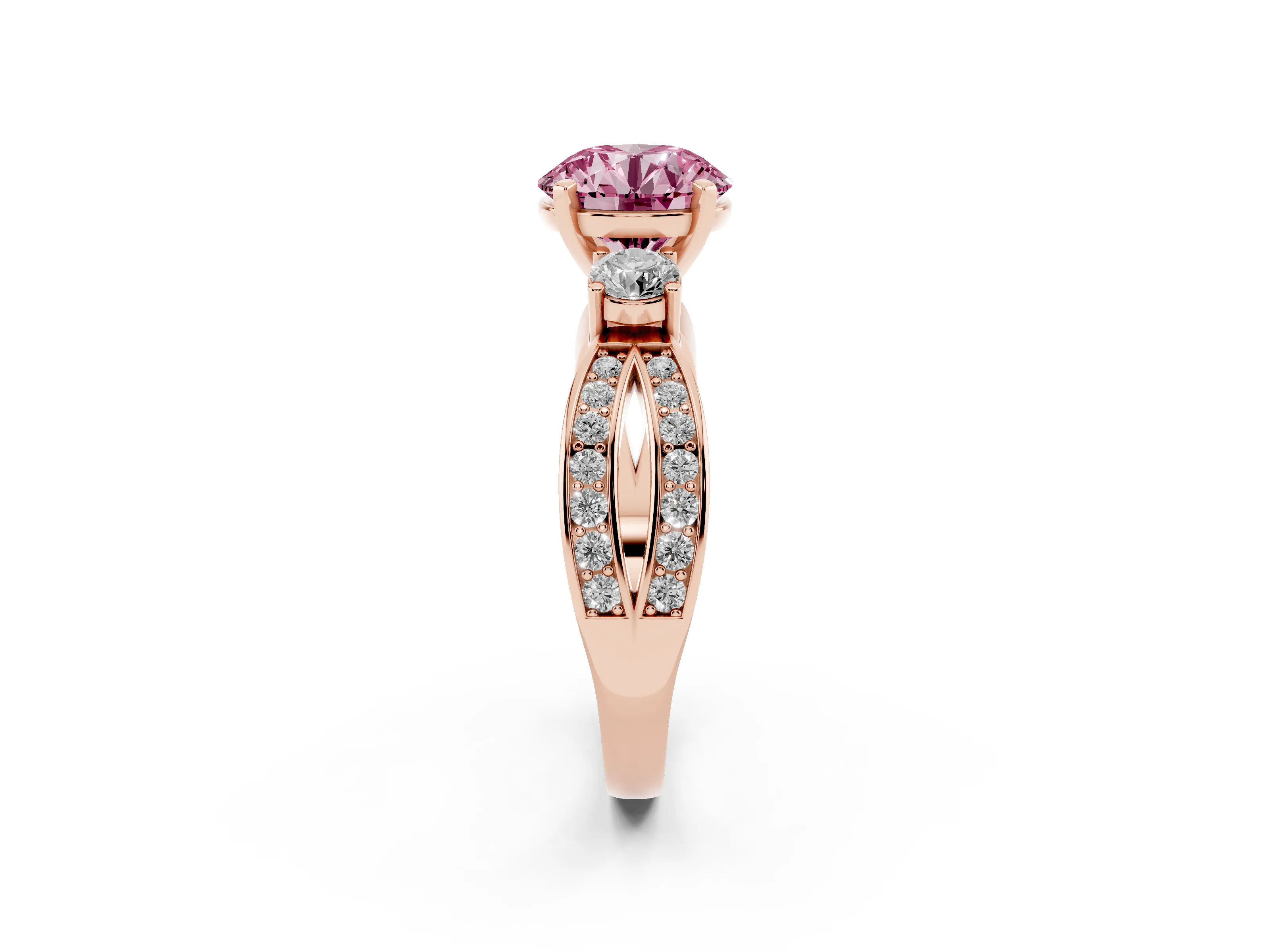 Fancy Pink Three-Stone Round Cut Diamond Twist Band Ring Set in Rose gold with Pavé Accents and Prong Setting