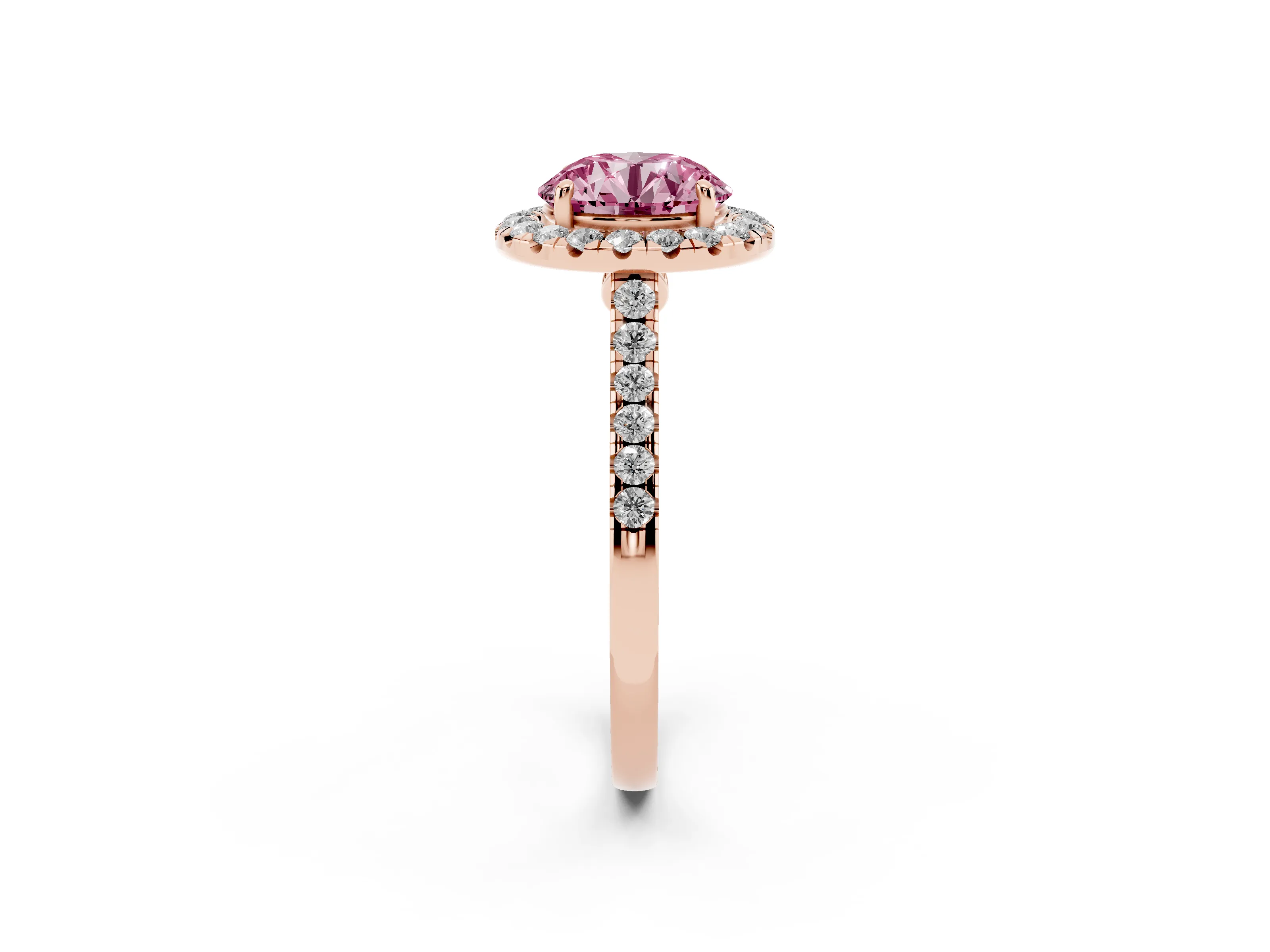Fancy Pink Round Cut Diamond Halo Pavé Engagement Ring Set in Rose gold with Prong Setting
