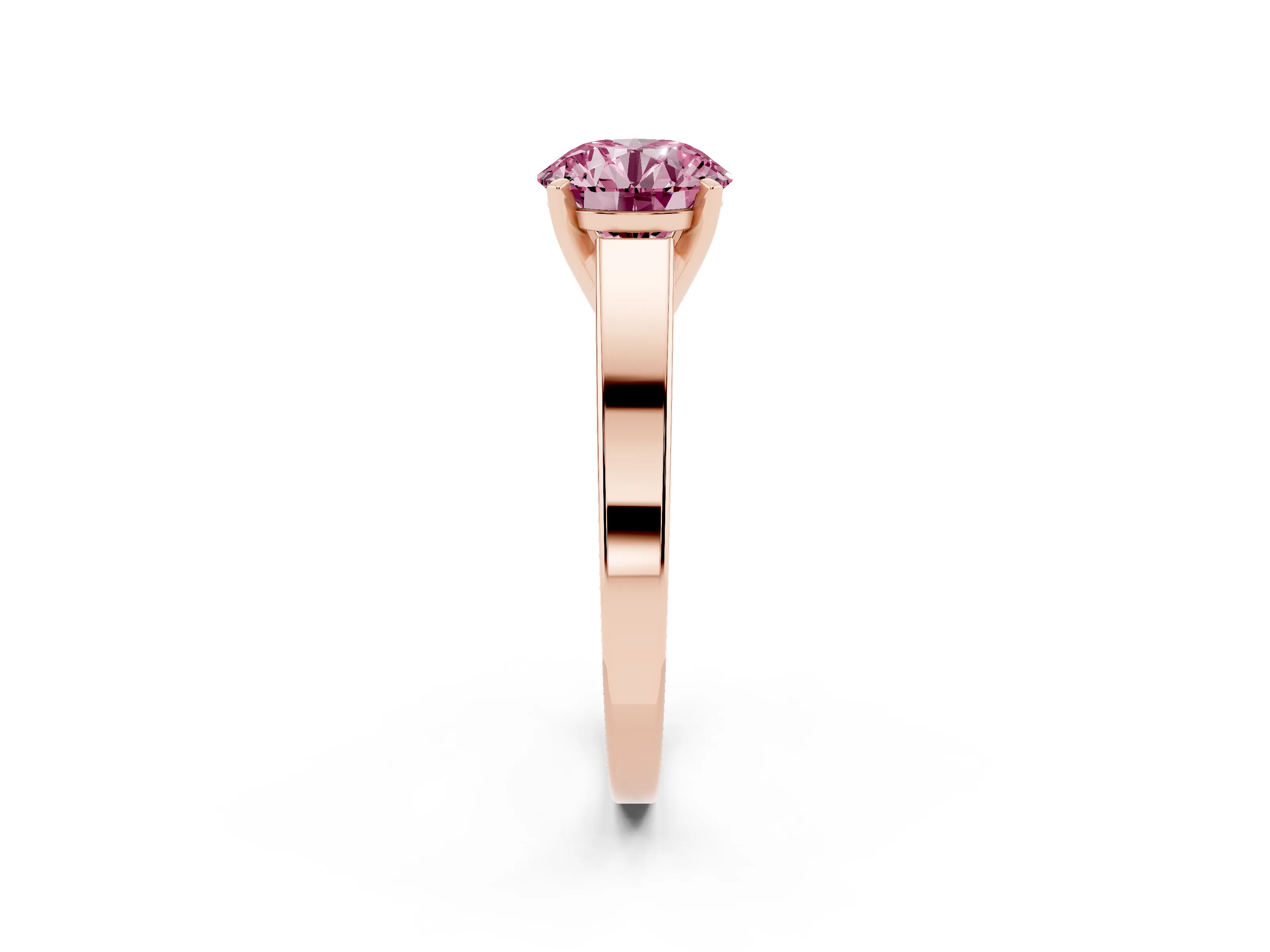 Fancy Pink Round Cut Diamond Solitaire Engagement Ring Set in Rose gold with Prong Setting and Tapered Band
