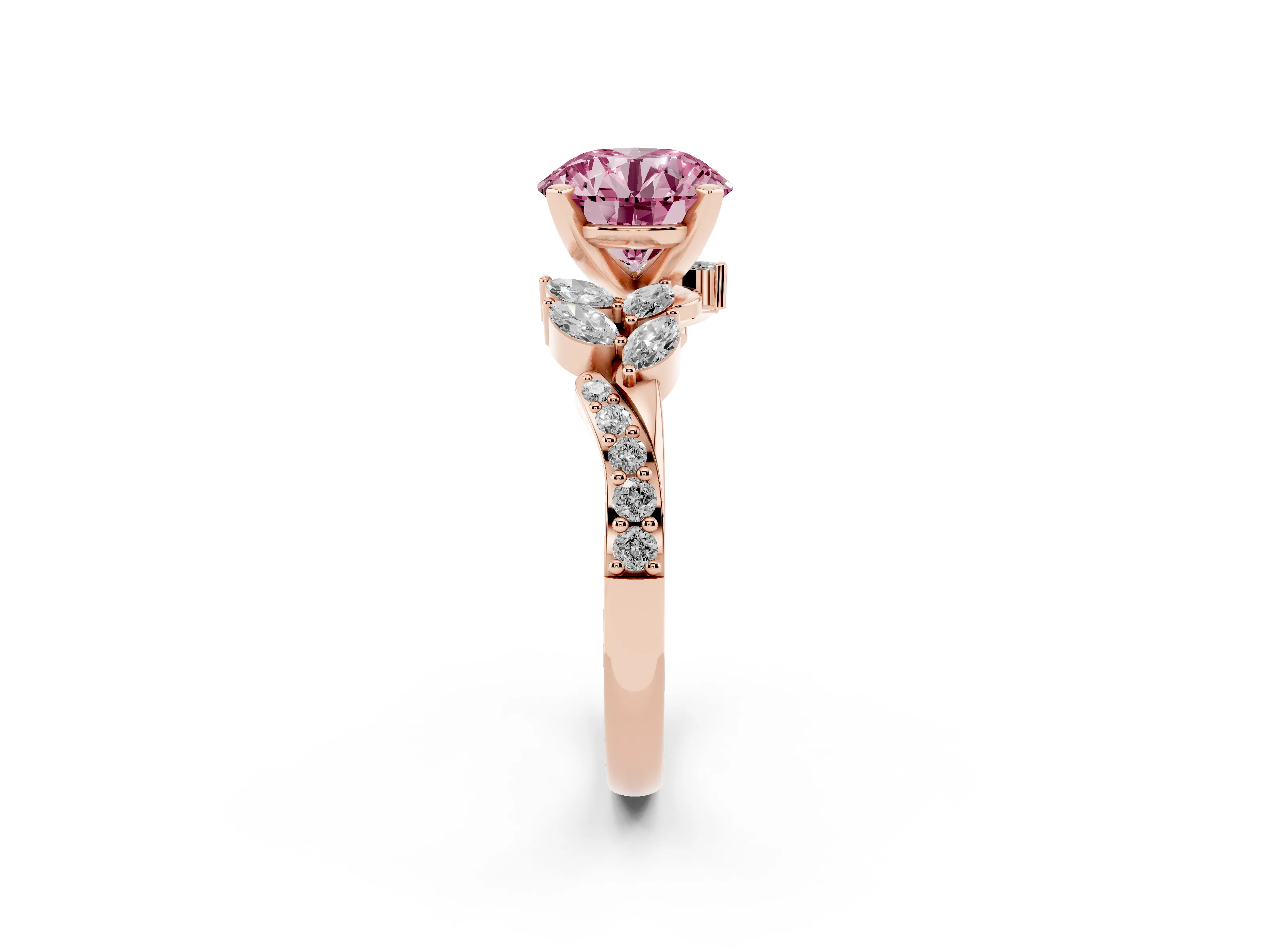 Fancy Pink Round Cut Diamond Solitaire Ring Set in Rose gold with Marquise Twist Band and Prong Setting