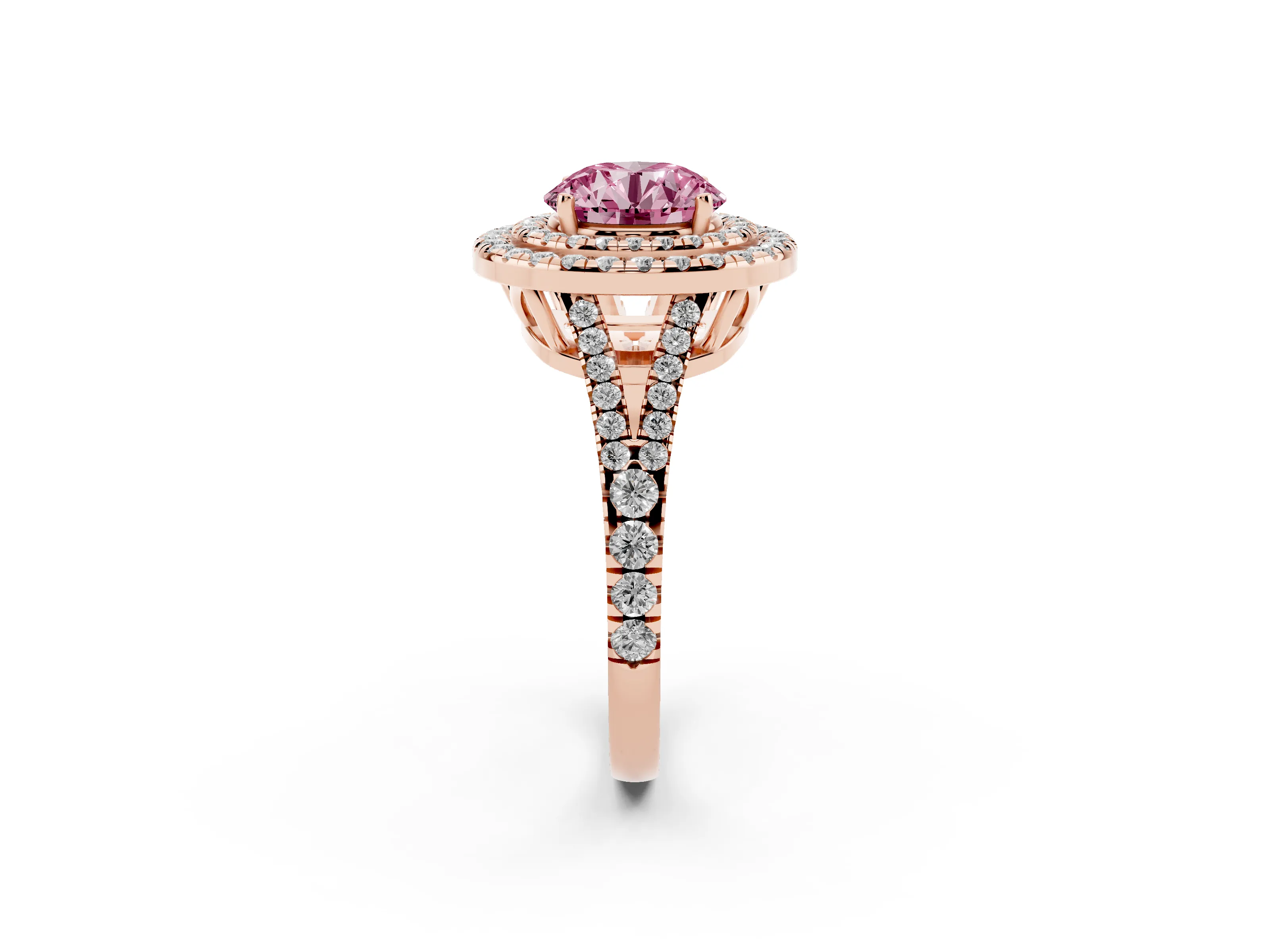 Fancy Pink Round Cut Diamond Double Halo Ring Set in Rose gold with Pavé Band