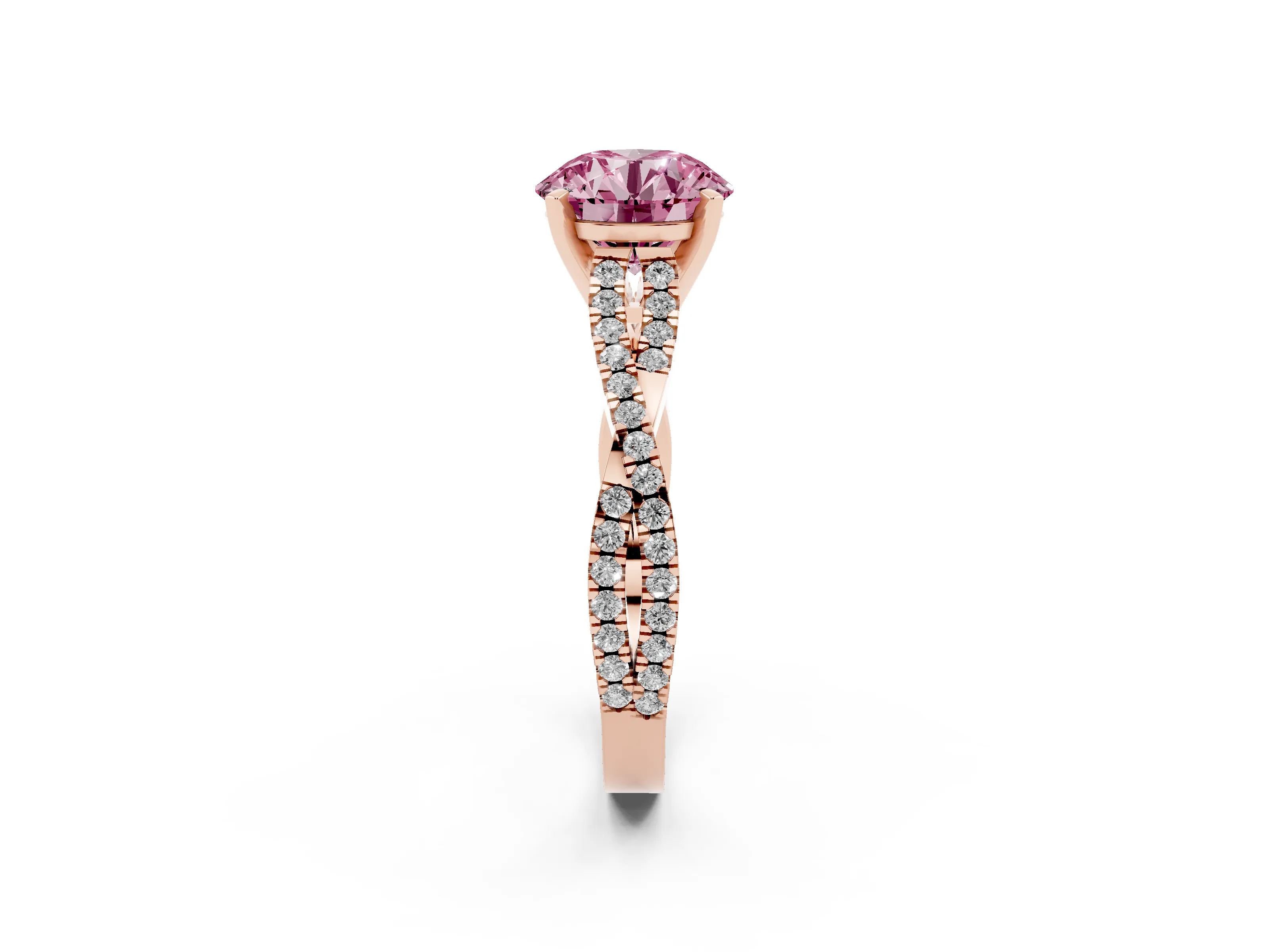 Fancy Pink Round Cut Diamond Solitaire Engagement Ring Set in Rose gold with Twisted Pavé Band and Prong Setting