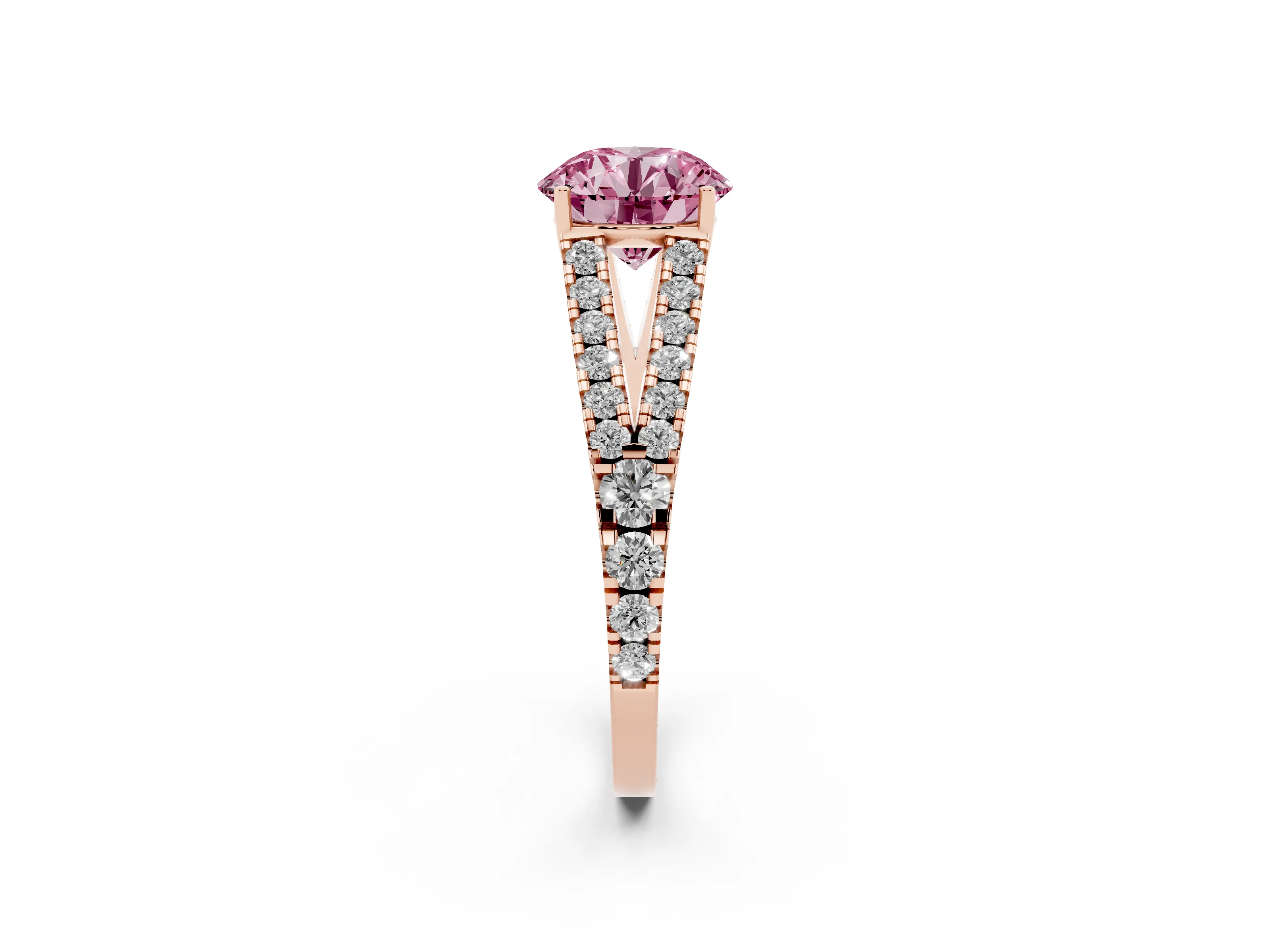 Fancy Pink Round Cut Diamond Split Shank Pavé Engagement Ring Set in Rose gold with Prong-Held Center Stone
