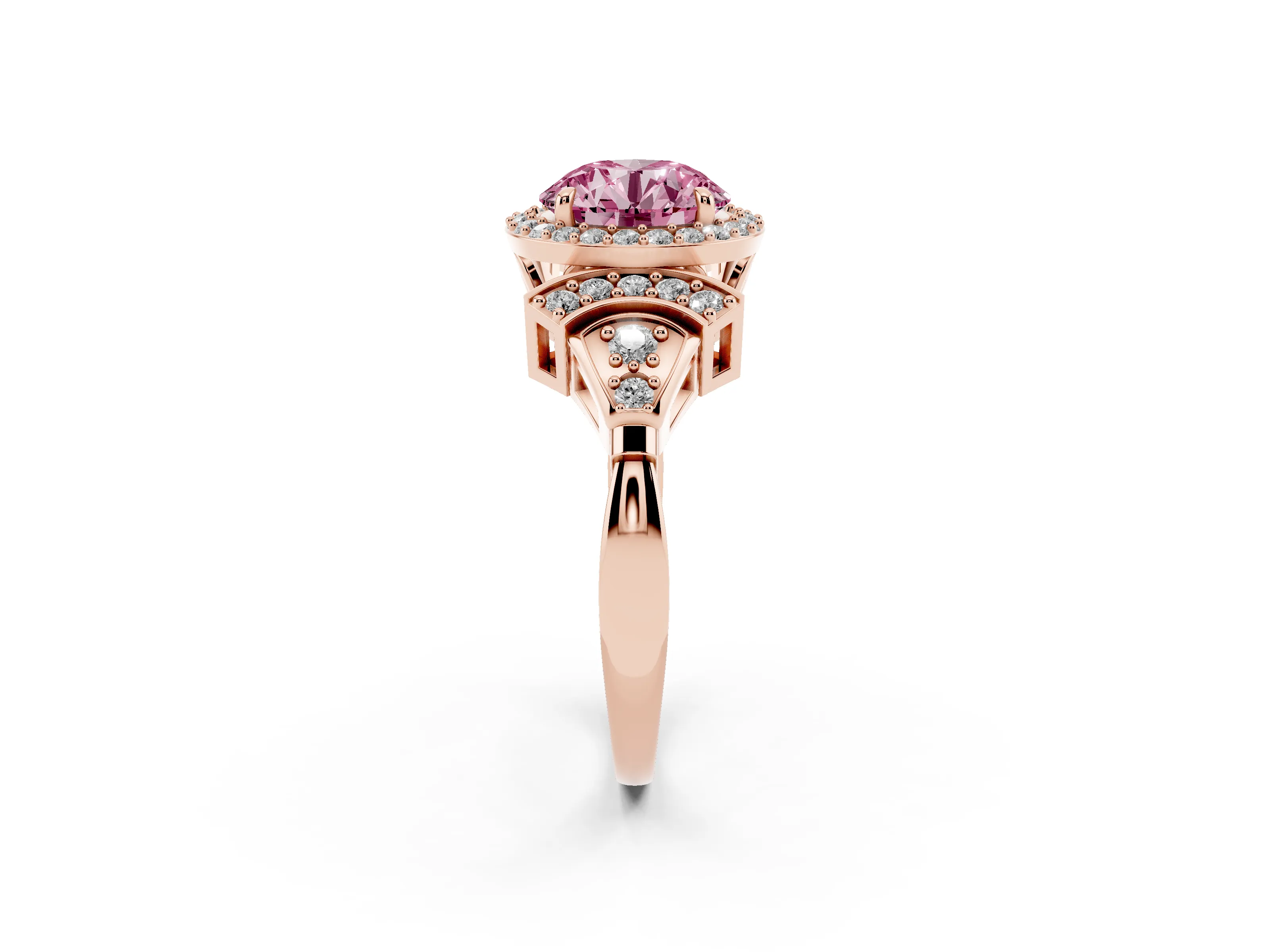 Fancy Pink Round Cut Diamond Halo Engagement Ring Set in Rose gold with Accent Stone Split Shank
