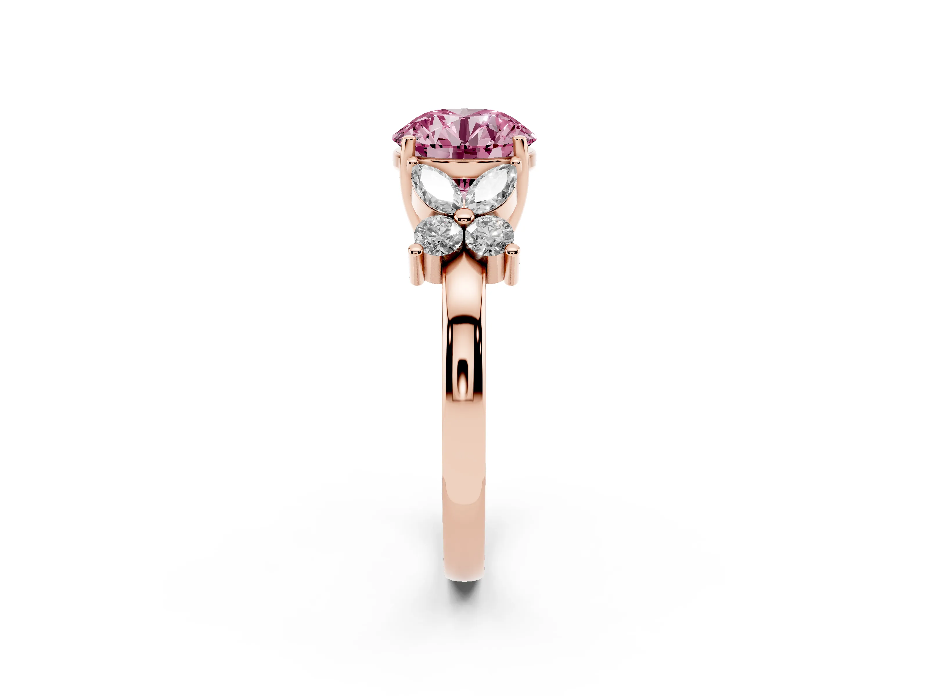 Fancy Pink Round Cut Diamond Floral Cluster Ring Set in Rose gold with Marquise Petals and Prong Setting