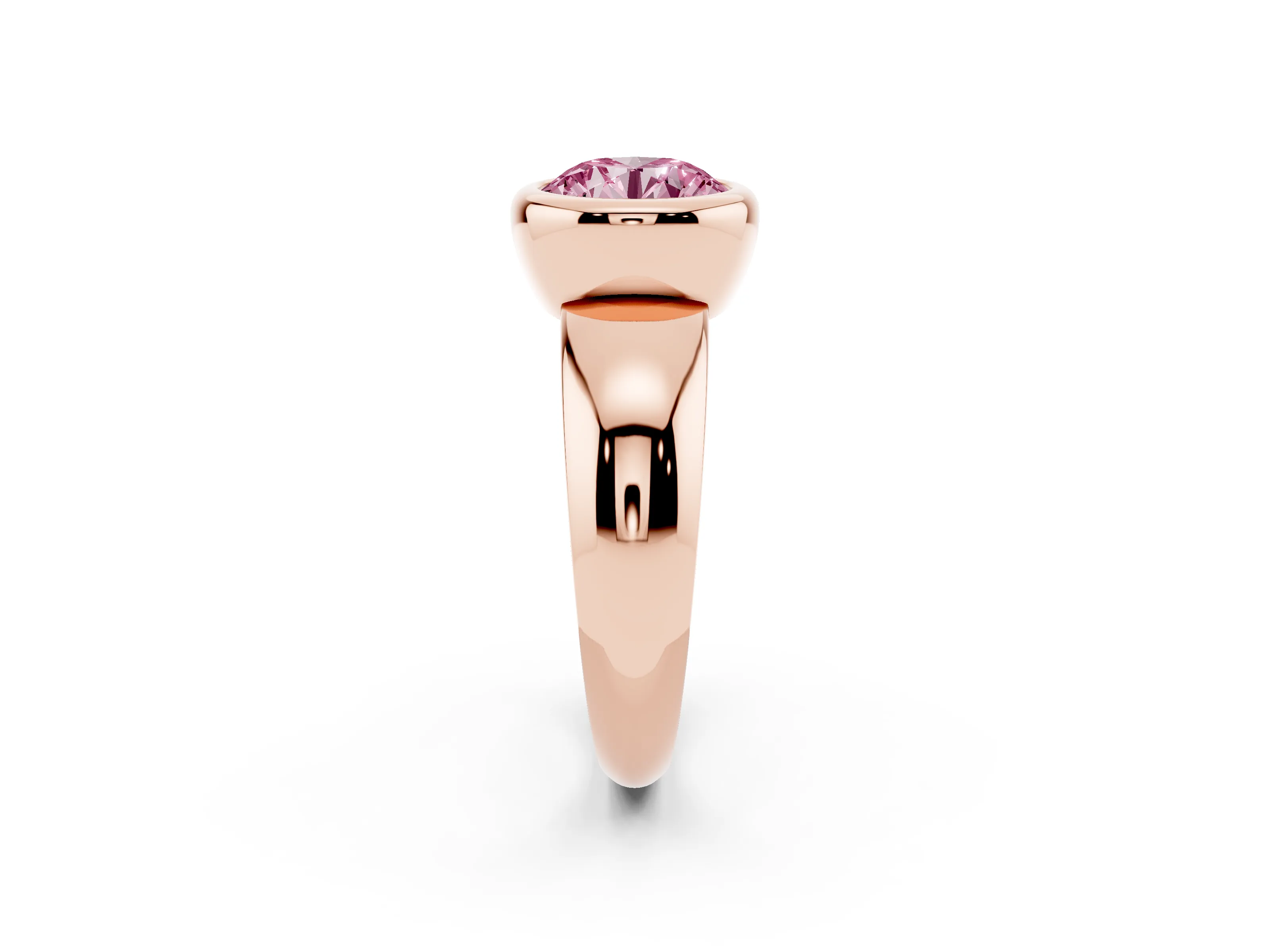 Fancy Pink Bezel Set Round Cut Diamond Solitaire Ring Set in Rose gold with Wide Band
