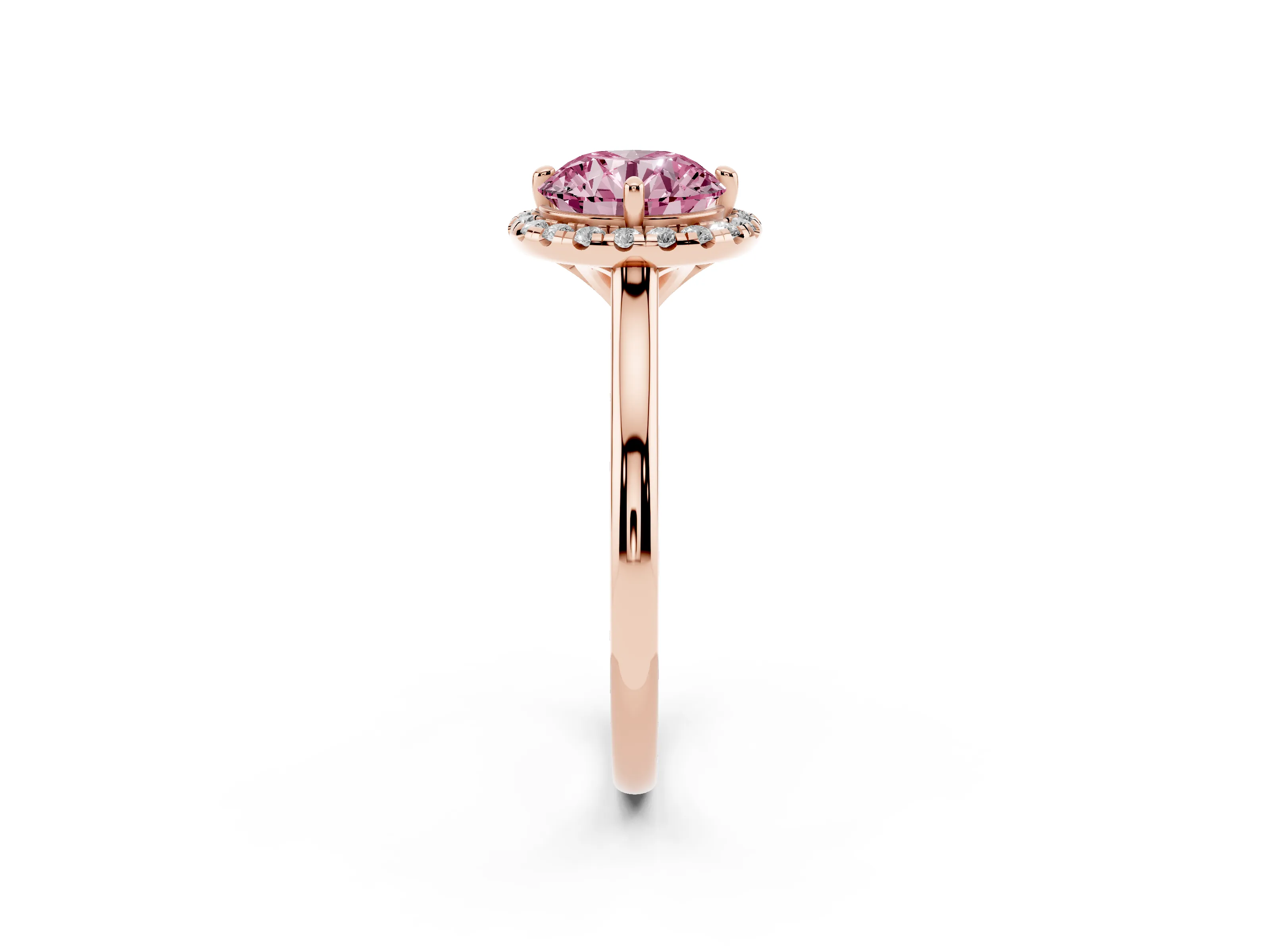 Fancy Pink Round Cut Diamond Halo Engagement Ring Set in Rose gold with Pavé Band and Rising Shoulders
