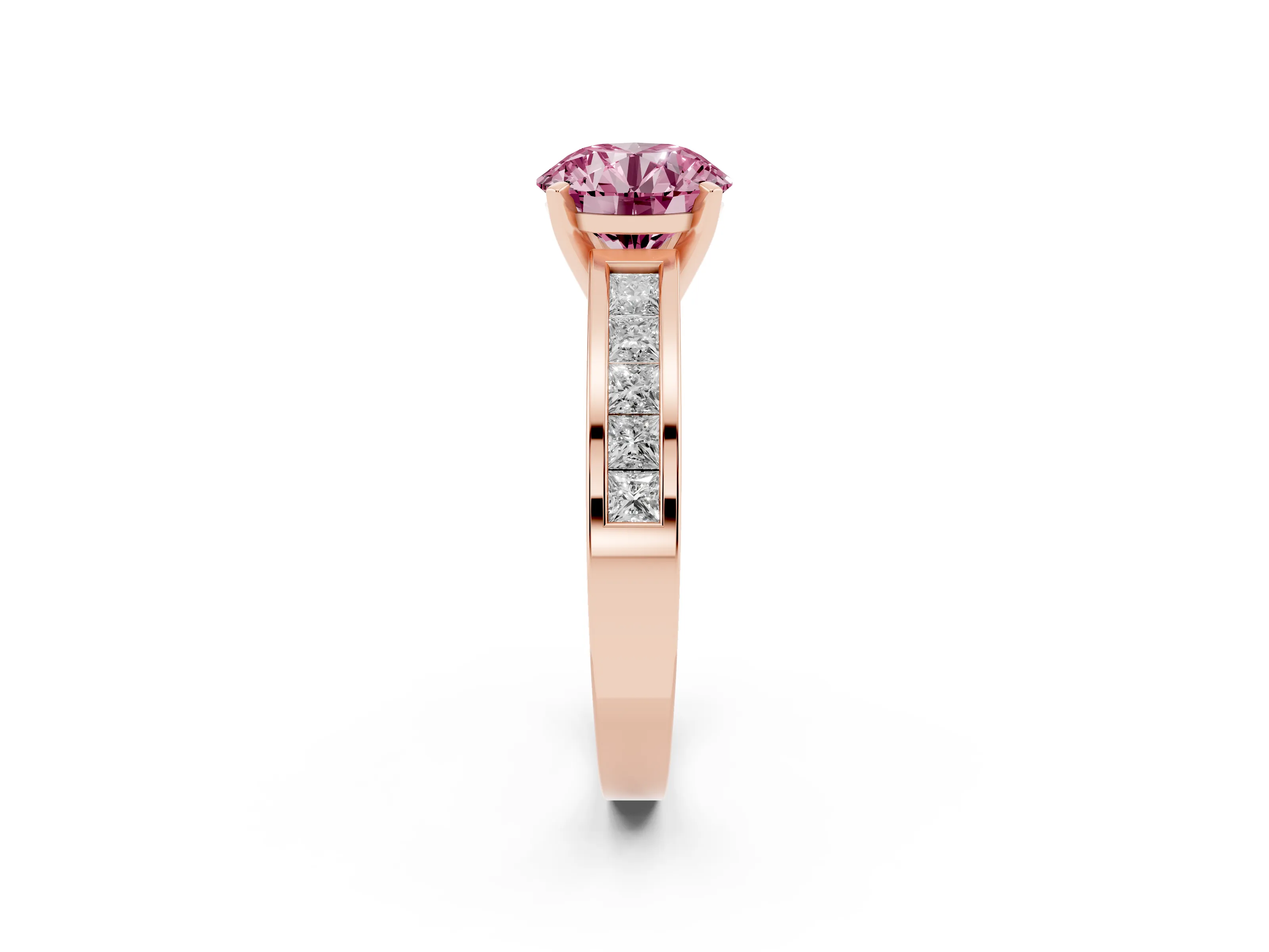 Fancy Pink Round Cut Diamond Solitaire Ring Set in Rose gold with Channel-Set Band and Prong Setting