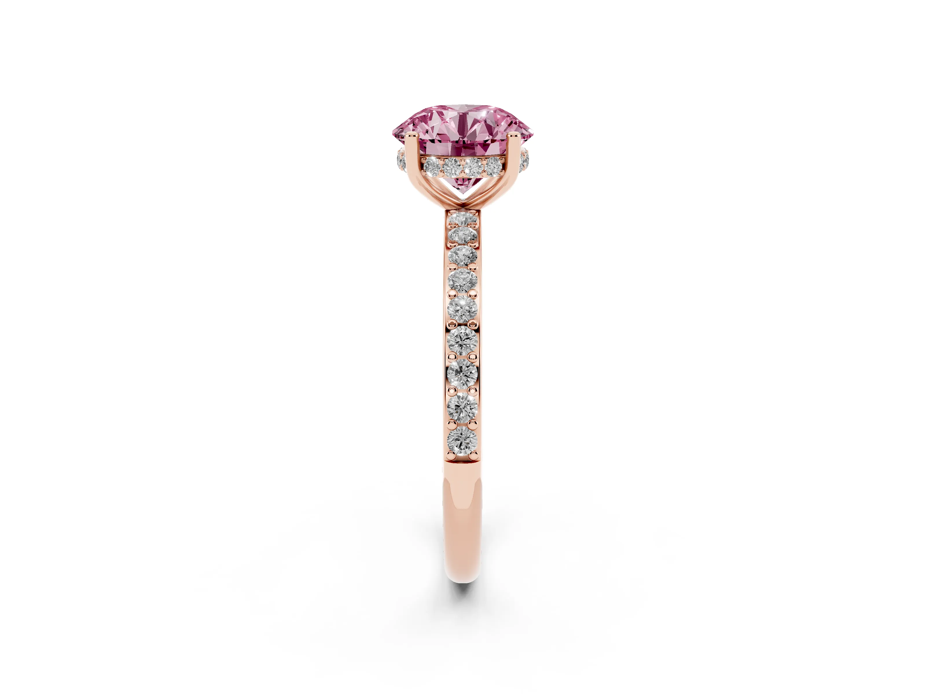Fancy Pink Round Cut Diamond Pavé Band Ring Set in Rose gold with Prong-Set Center Stone