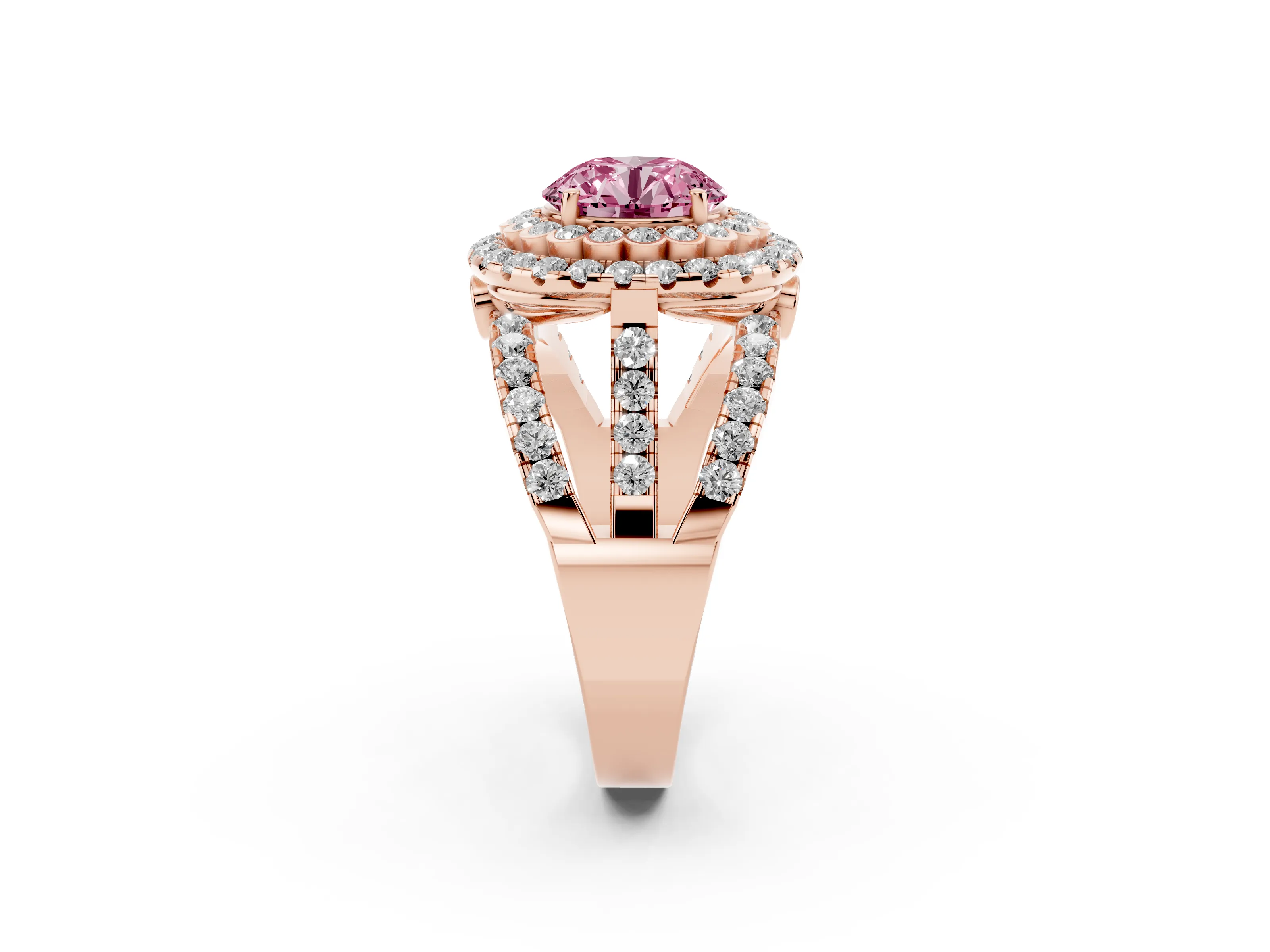 Fancy Pink Round Cut Diamond Double Halo Ring Set in Rose gold with Round Pavé Split Shank
